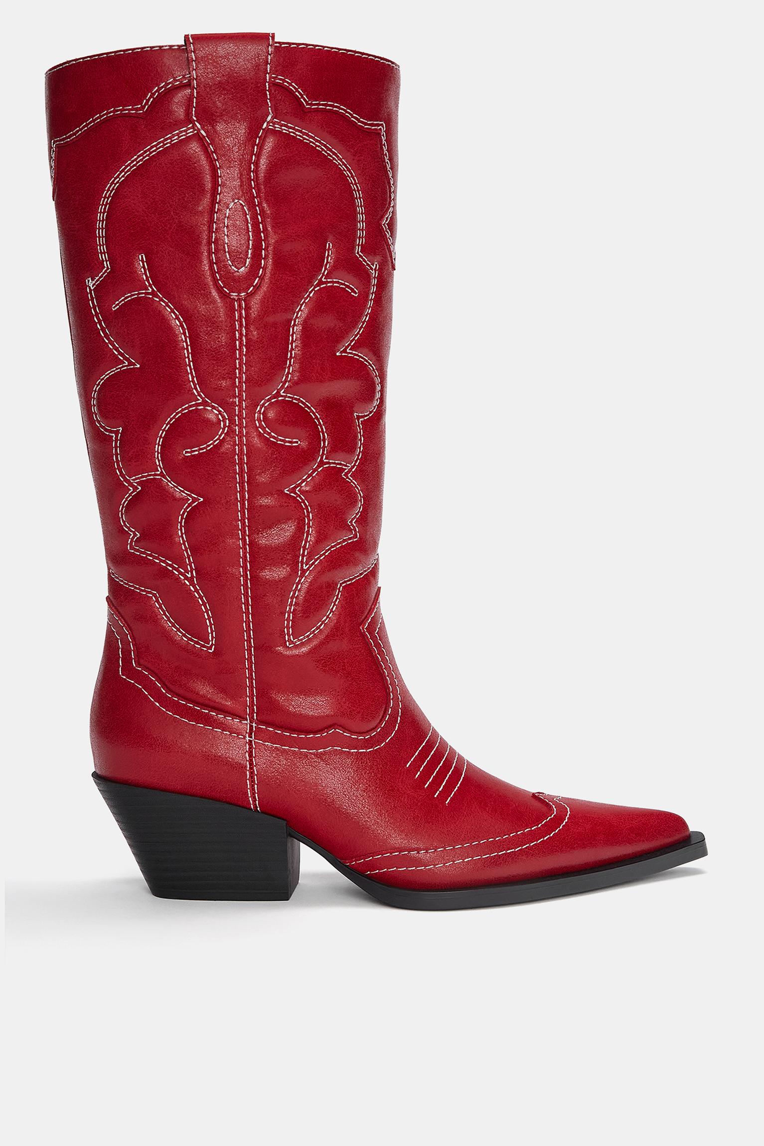 Red cowboy boots with topstitching pull bear