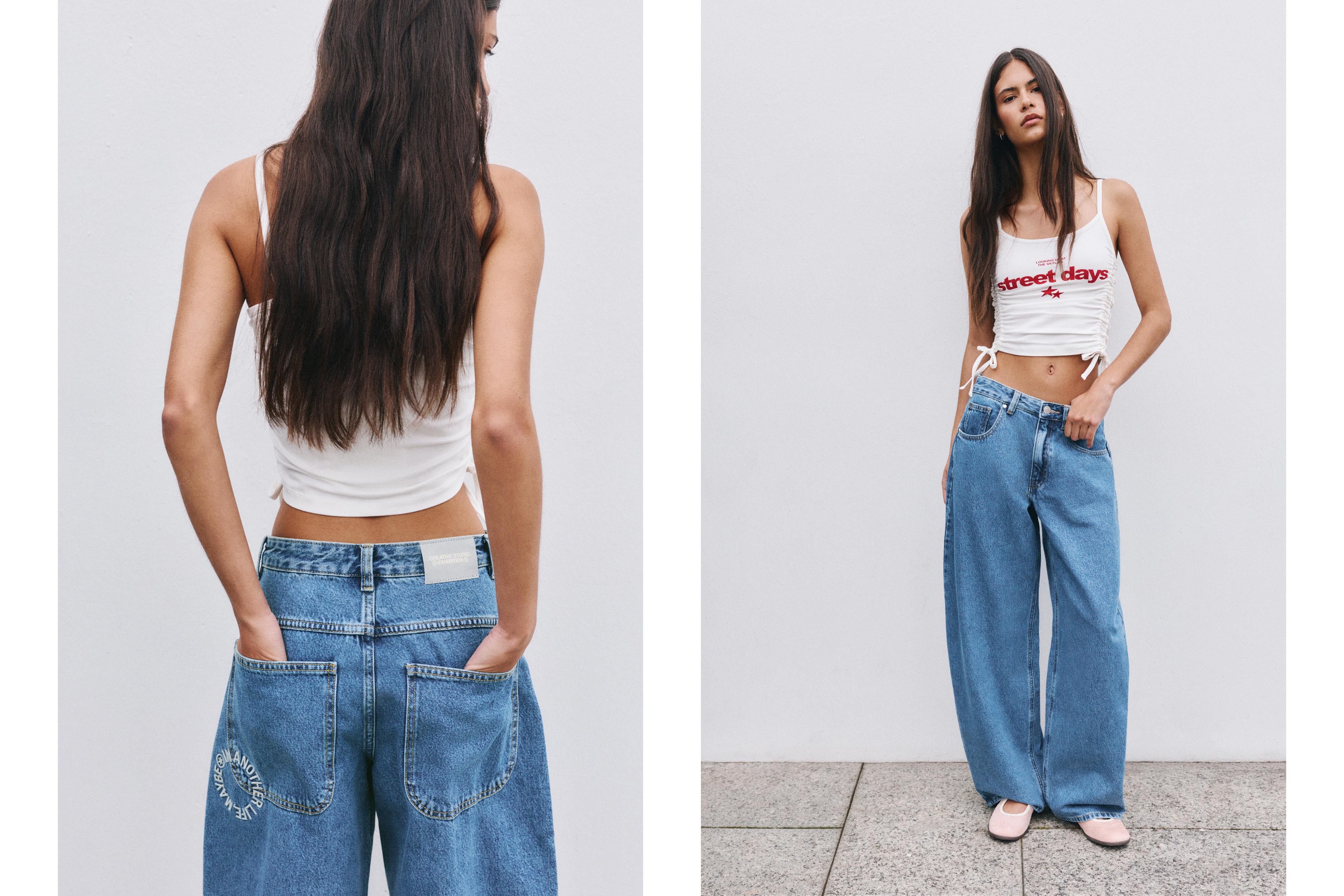 Balloon fit jeans with embroidered text — Medium blue