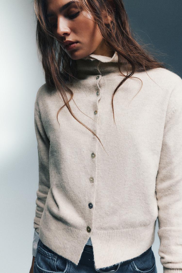 High neck buttoned cardigan — Ecru
