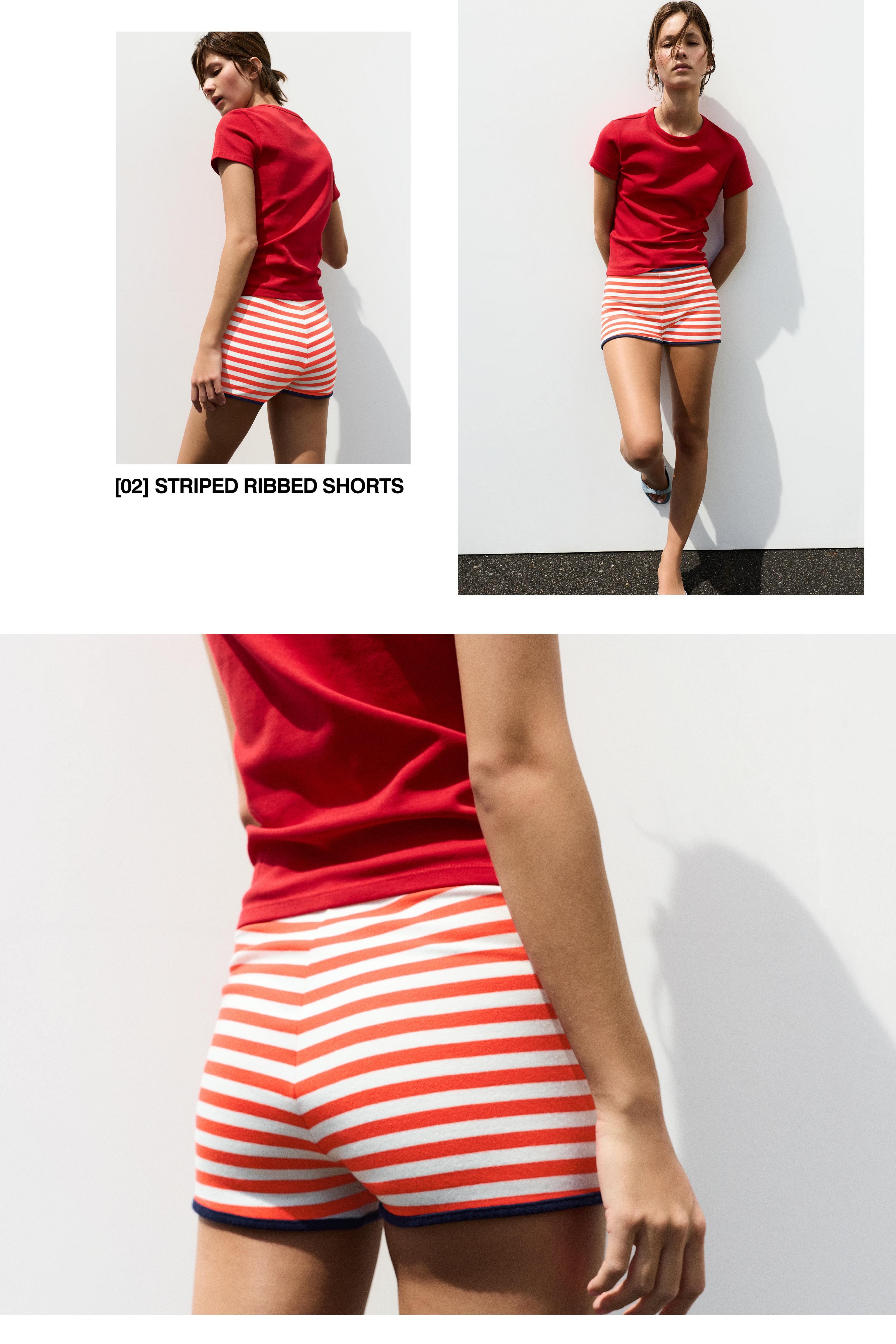 Striped ribbed mini shorts — White/Red