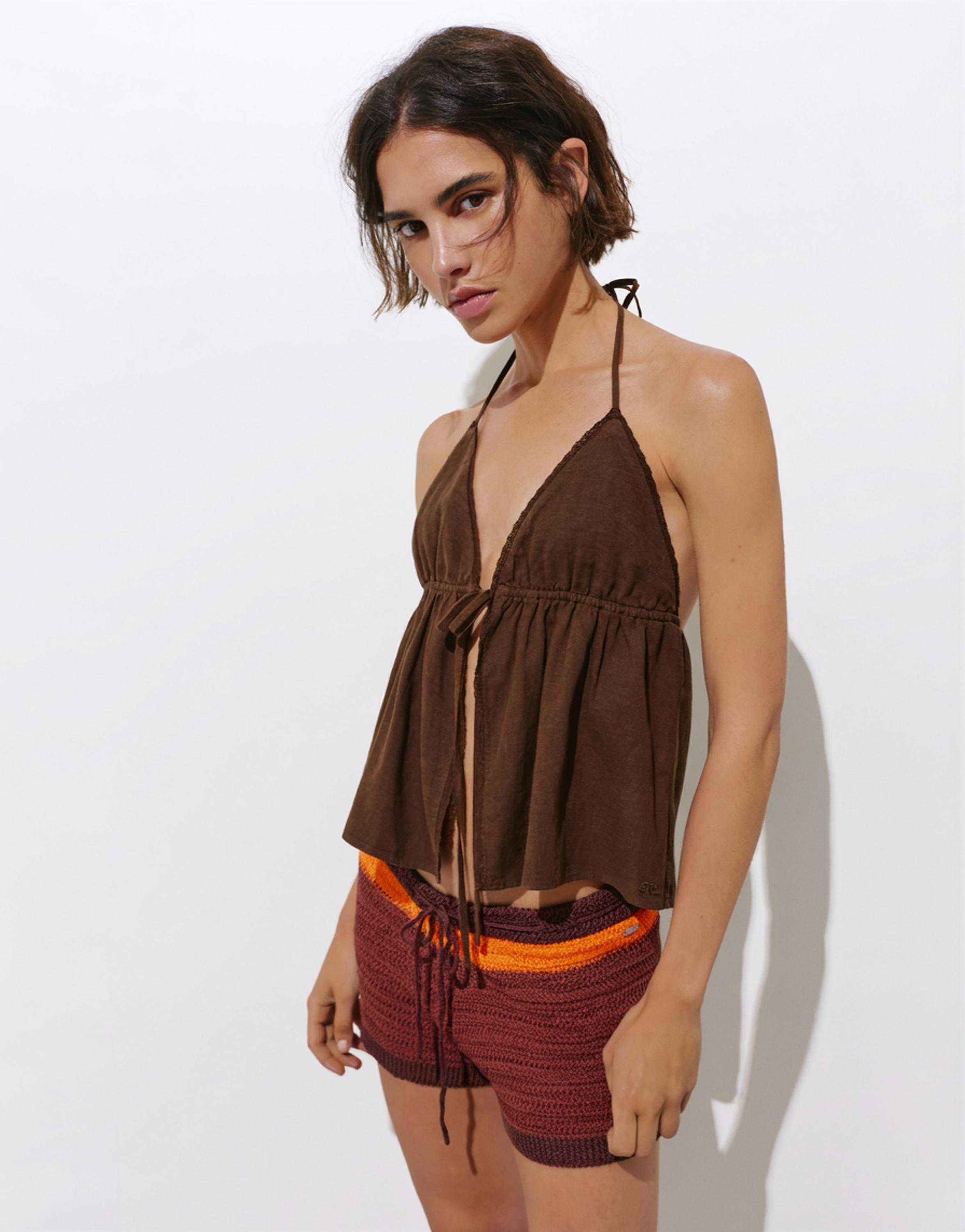 Linen blend halter top — Chocolate