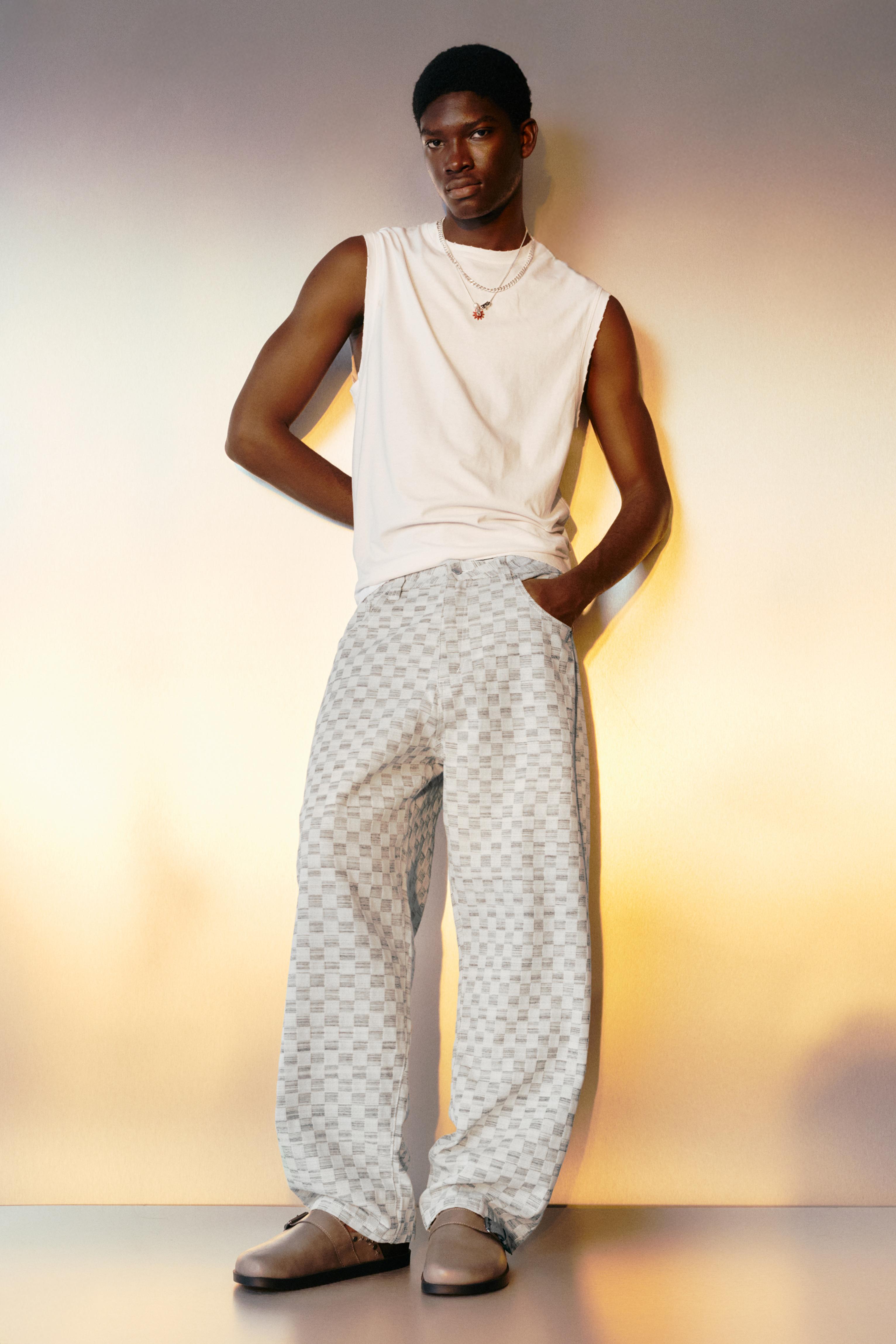 Checked baggy relaxed fit trousers — Ecru