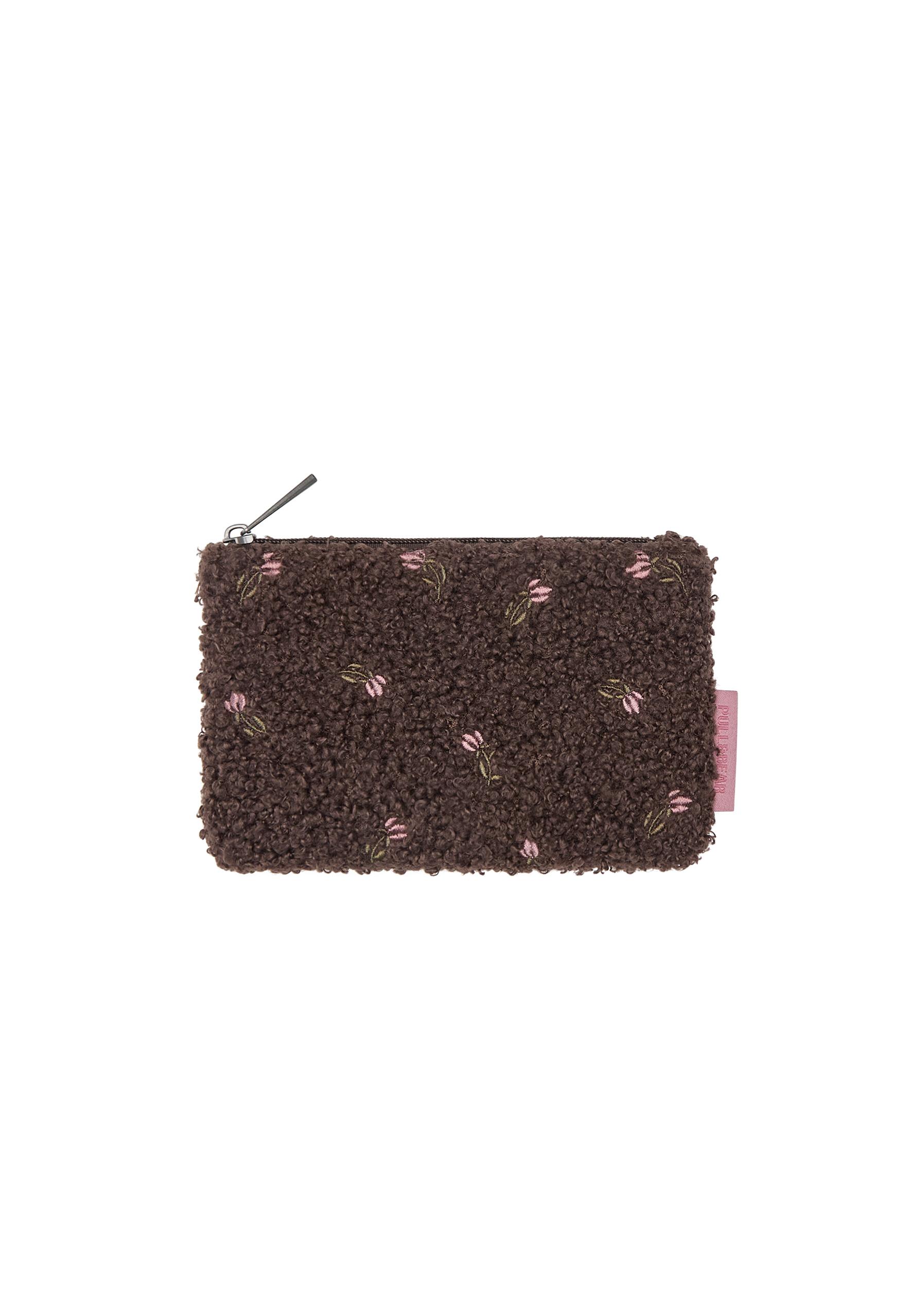 Faux shearling floral wallet — Brown