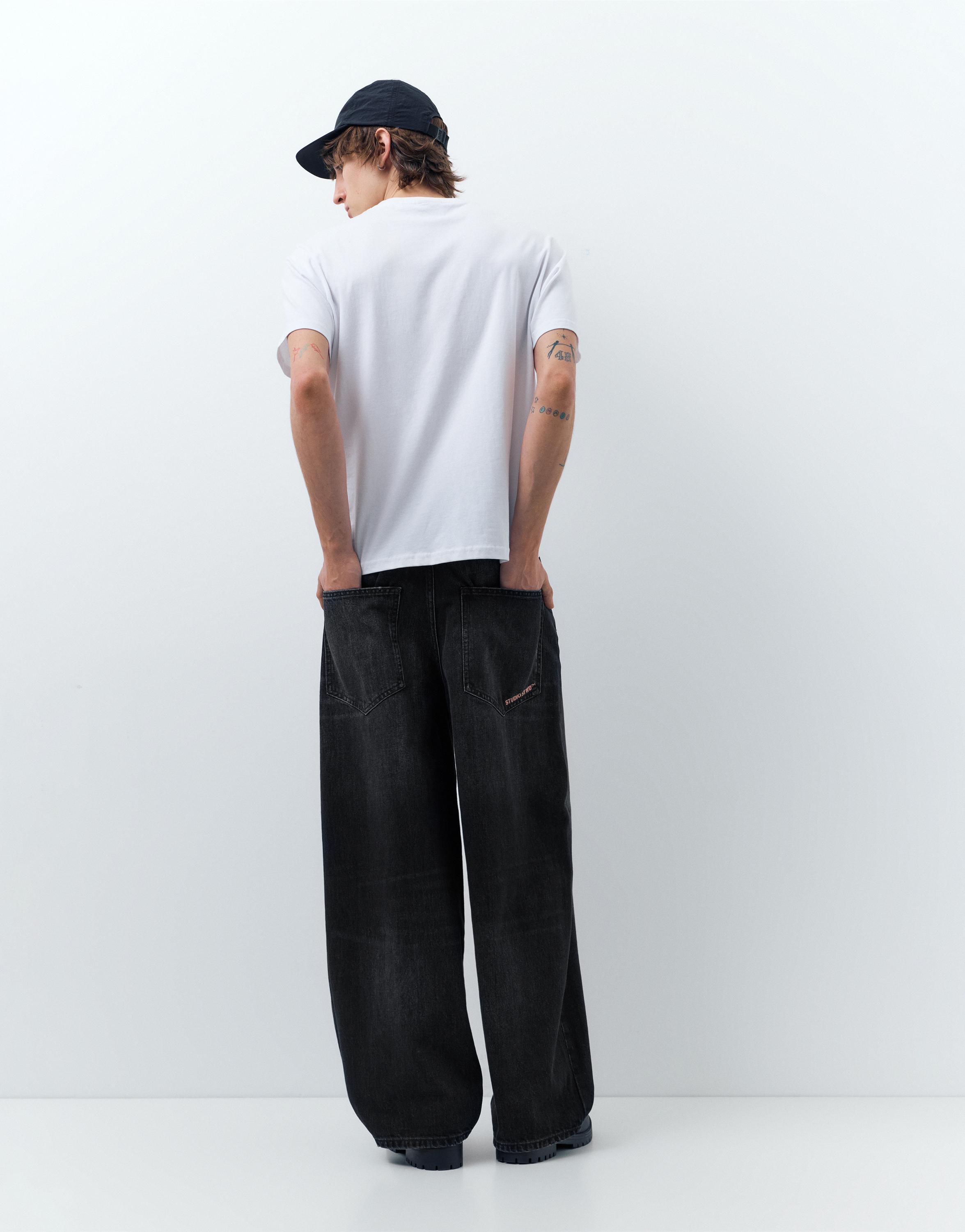 Embroidered super baggy jeans — Faded black