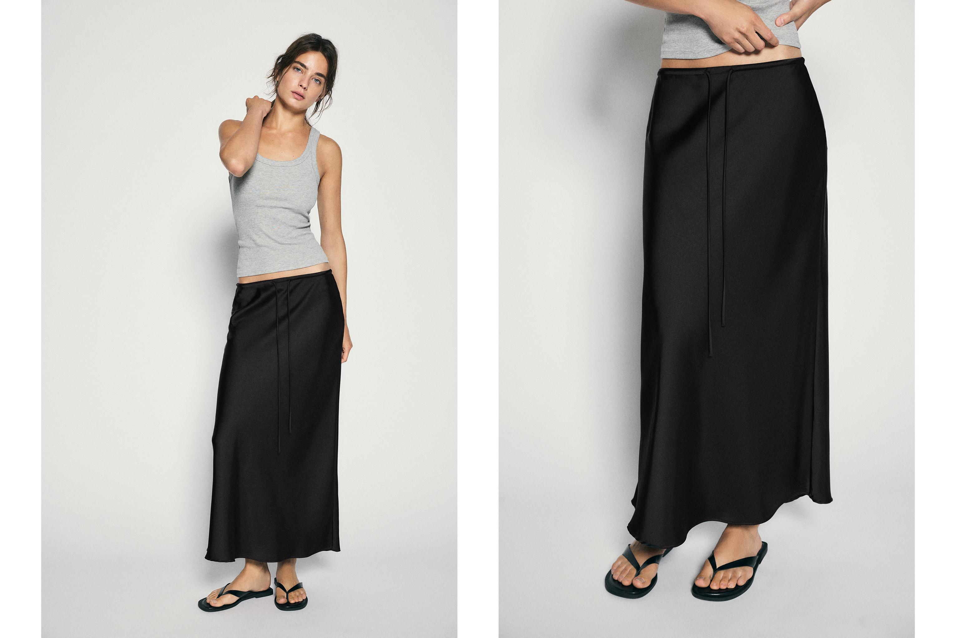 Satin drawstring midi skirt — Black