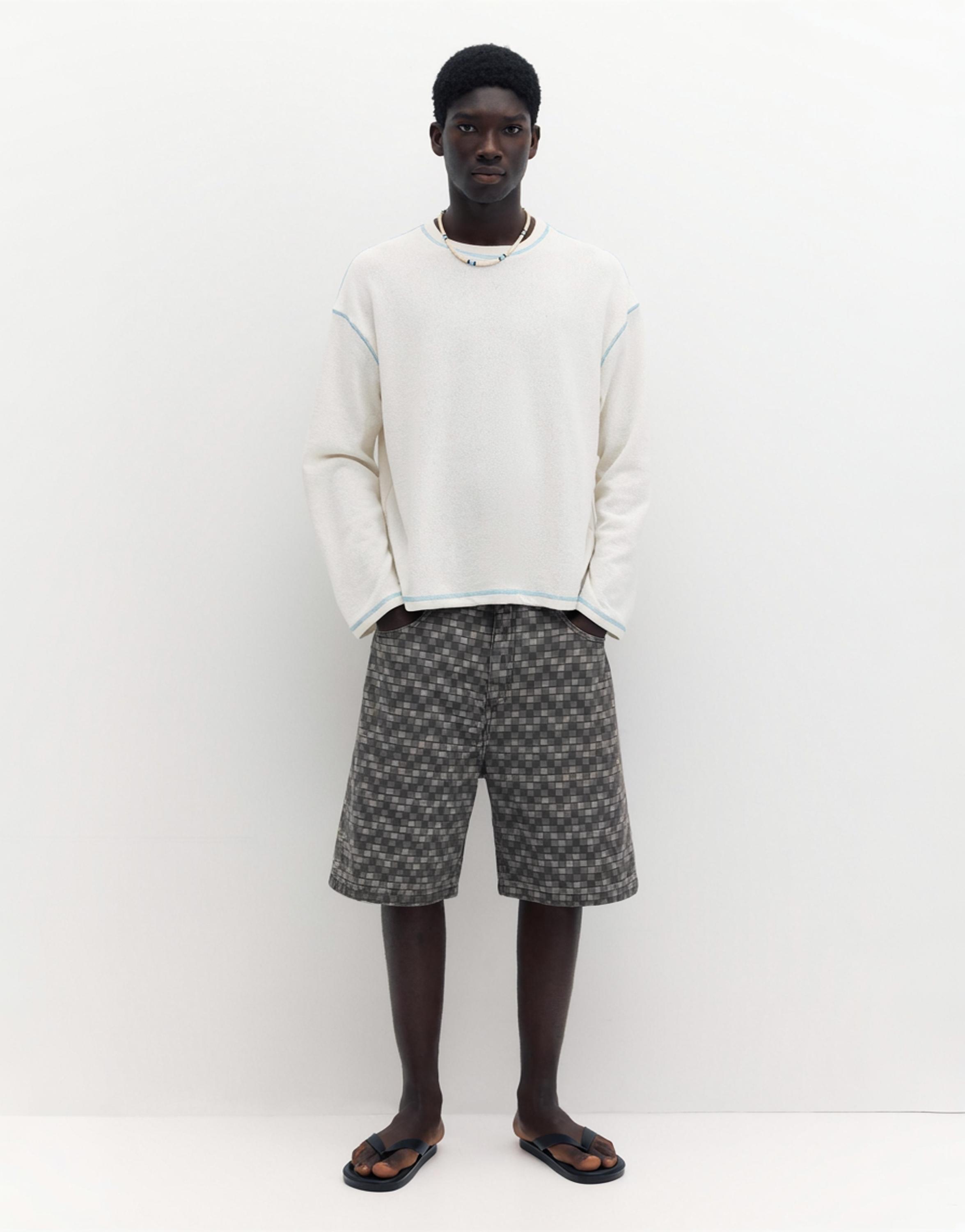 Checked denim Bermuda shorts — Faded black