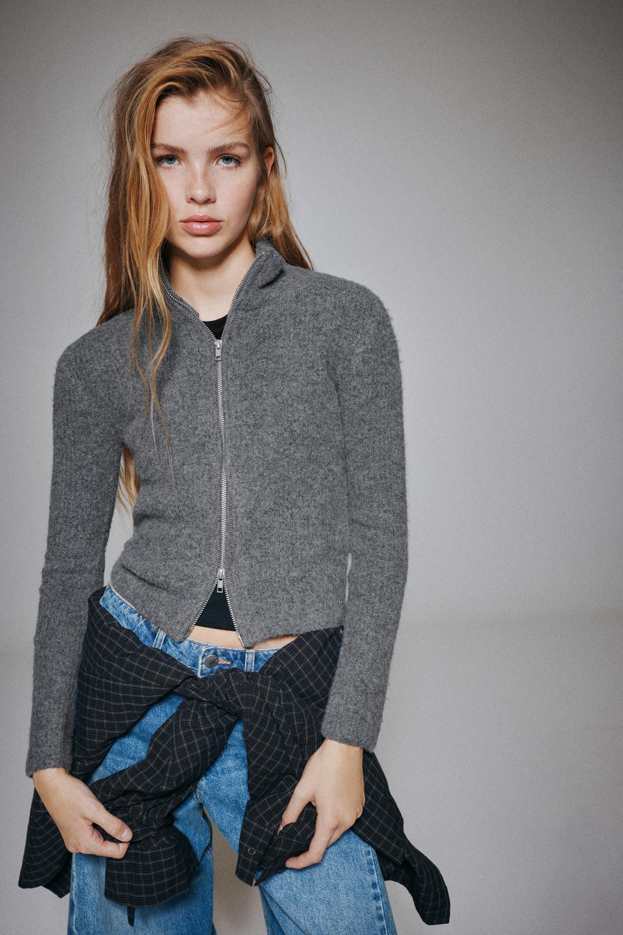Ribbed zip-up cardigan — Grey marl