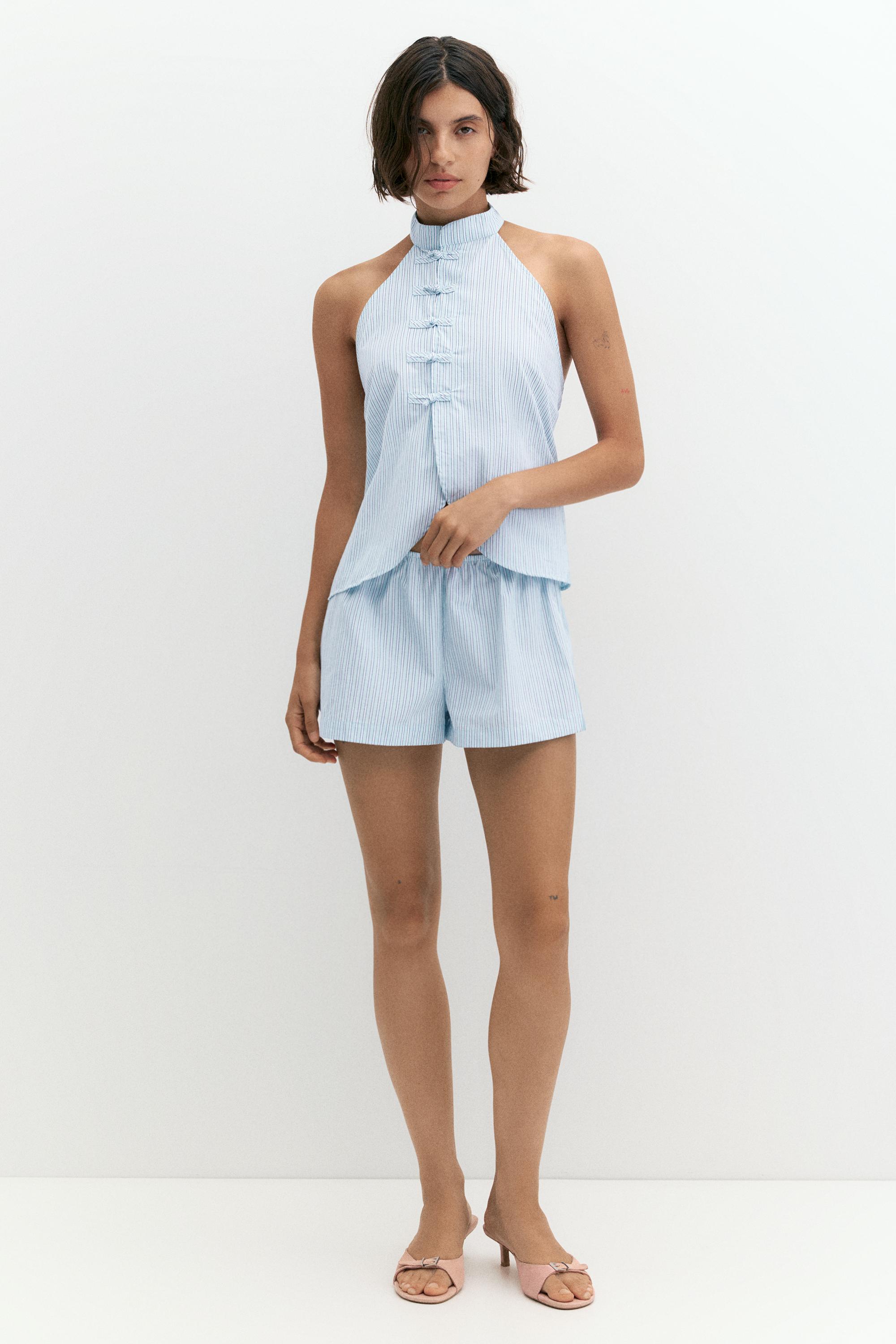 Striped pajama-style shorts — Water blue