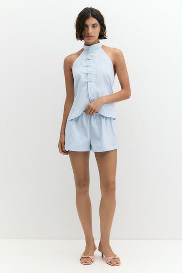 Striped pajama-style shorts — Water blue 2