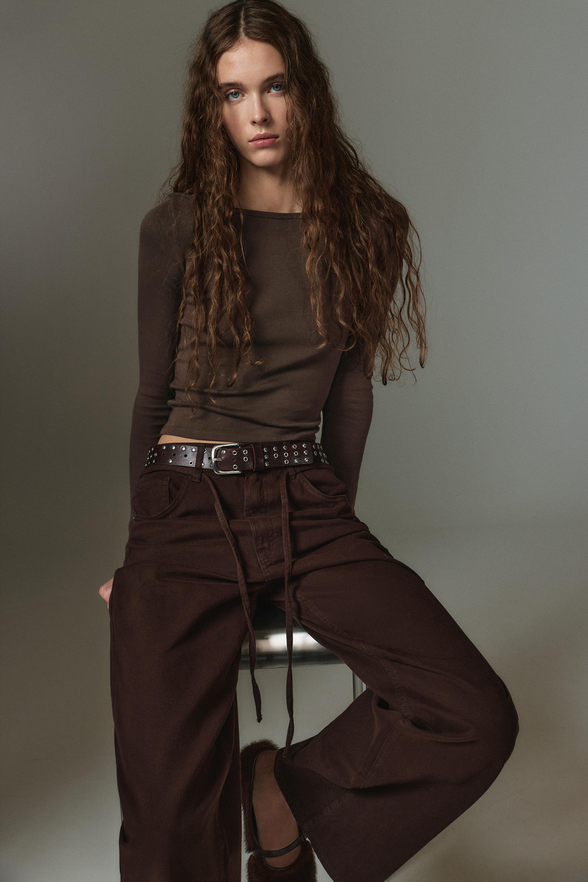 Long sleeve boat neck T-shirt — Brown