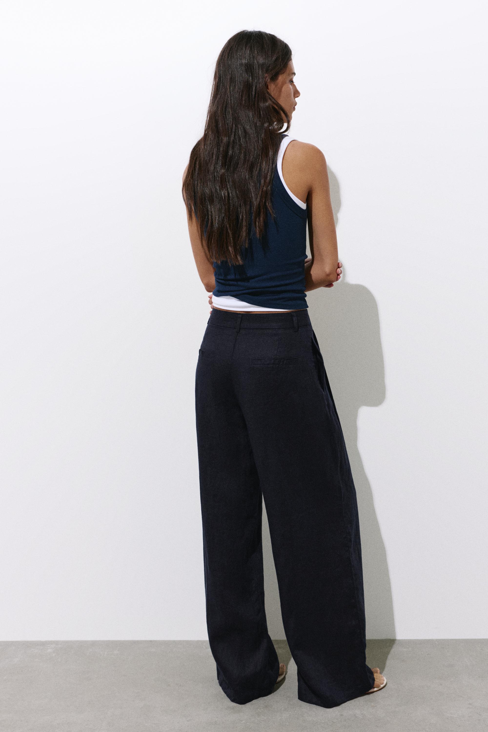 Wide-leg 100% linen trousers — Dark navy