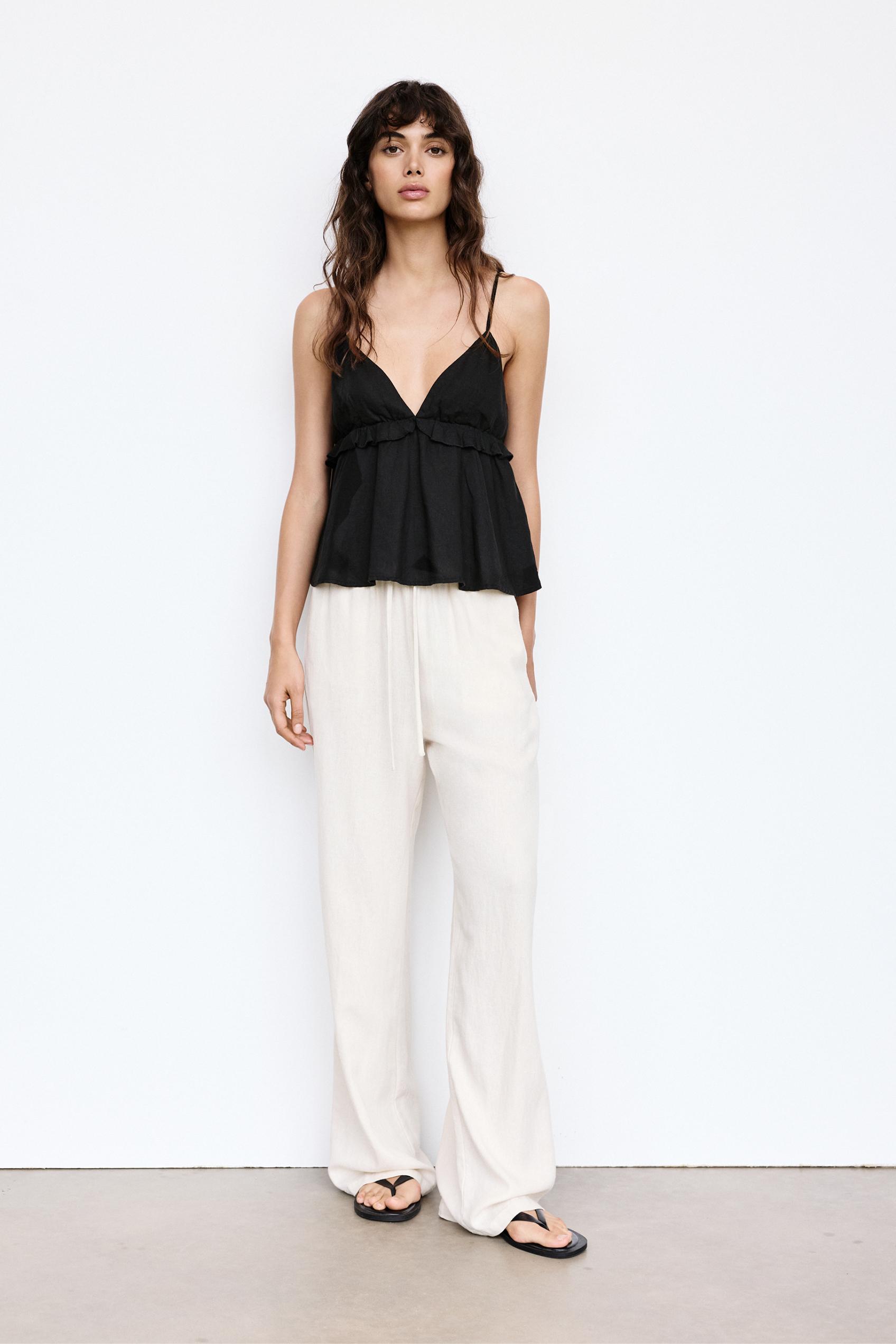 Ruffled linen top — Black