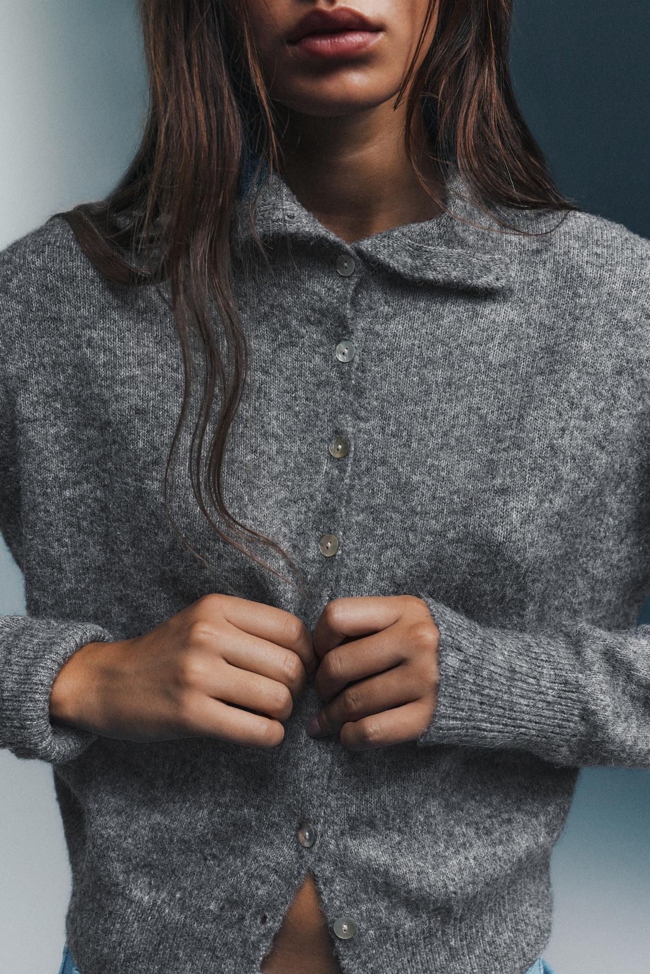 High neck buttoned cardigan — Grey marl