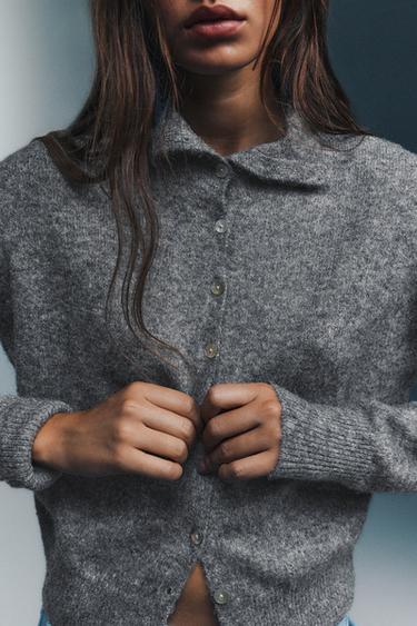 High neck buttoned cardigan — Grey marl 5