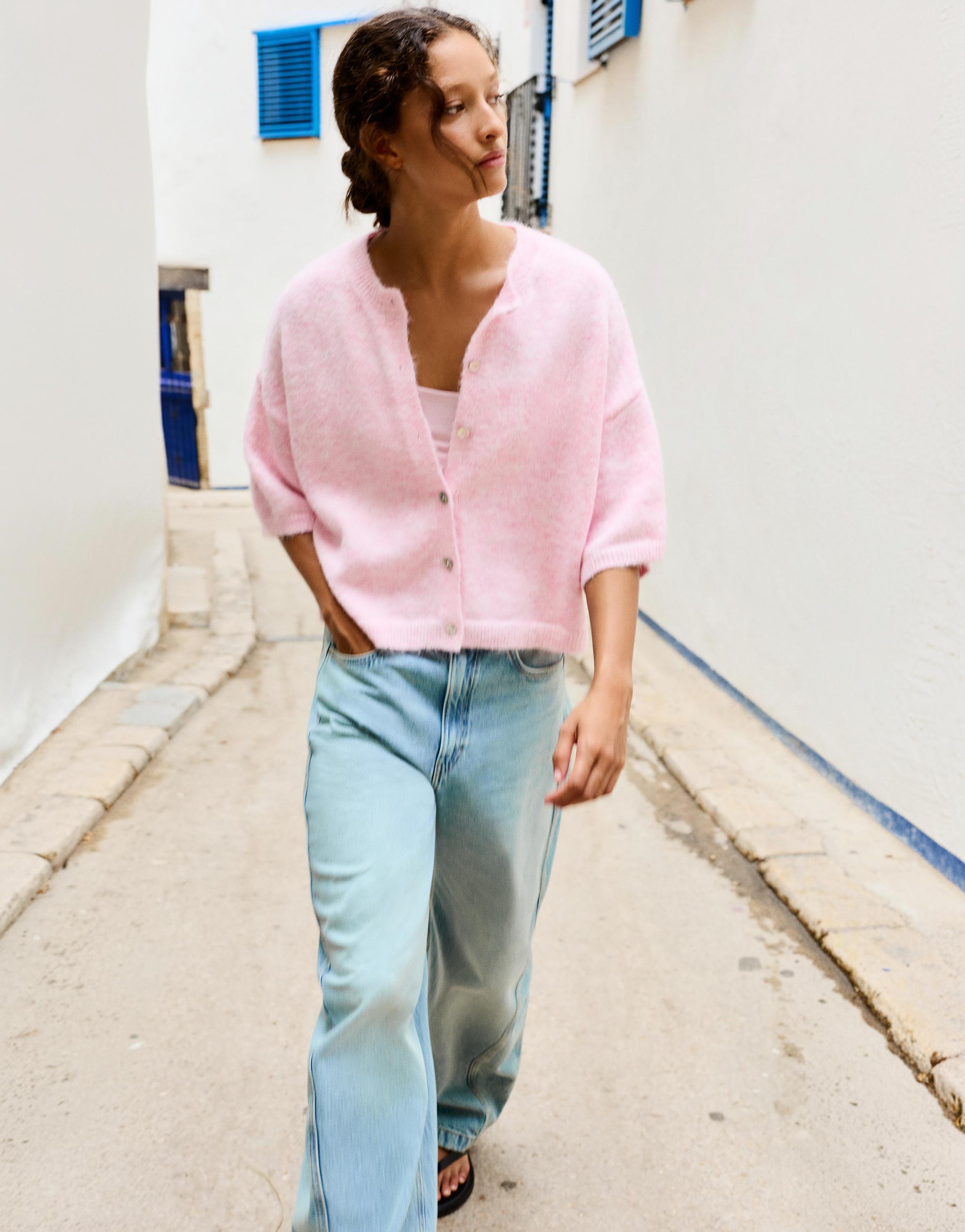 Short sleeve cardigan — Pink marl
