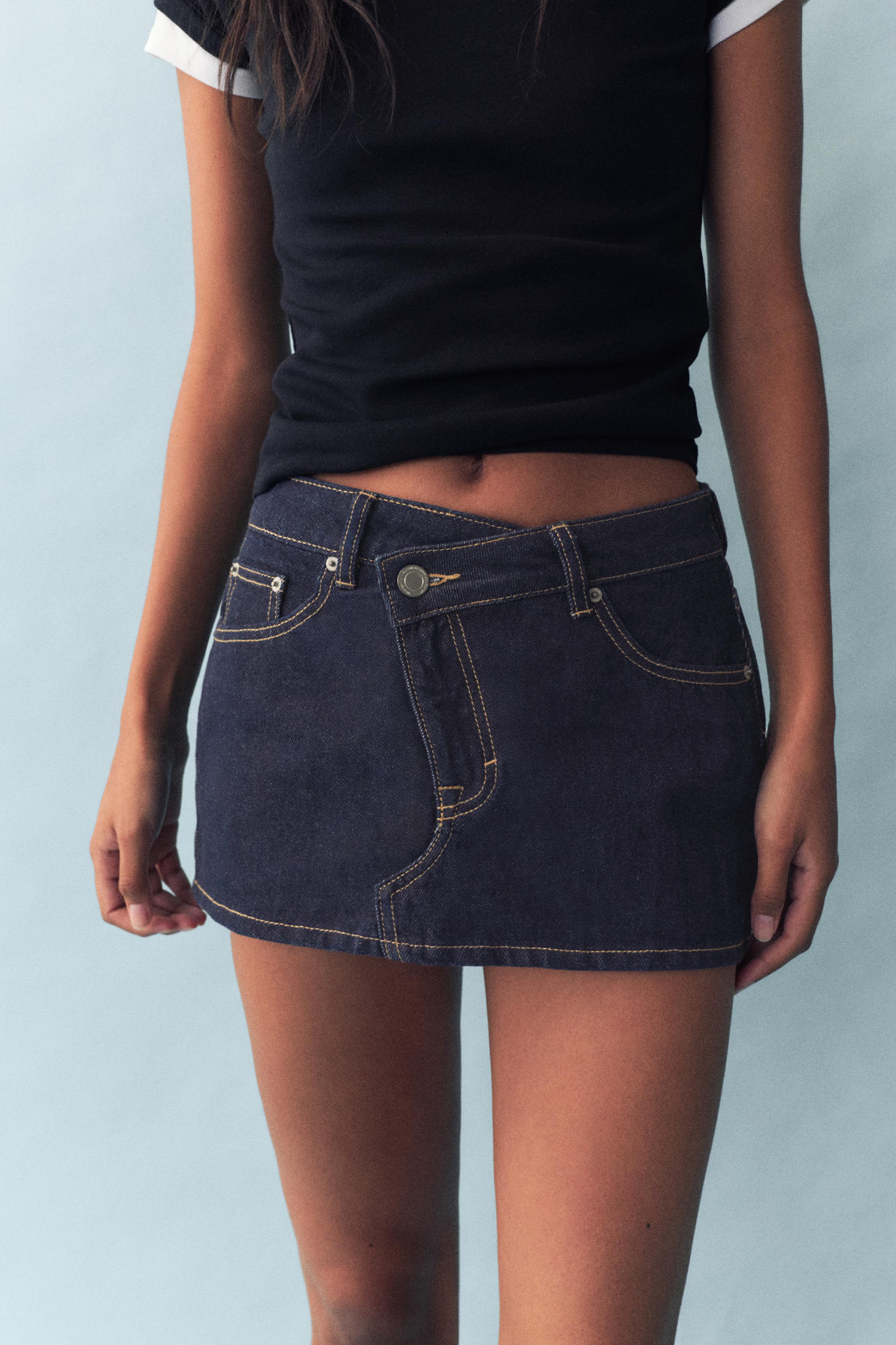 Cross-waist denim skort — Navy