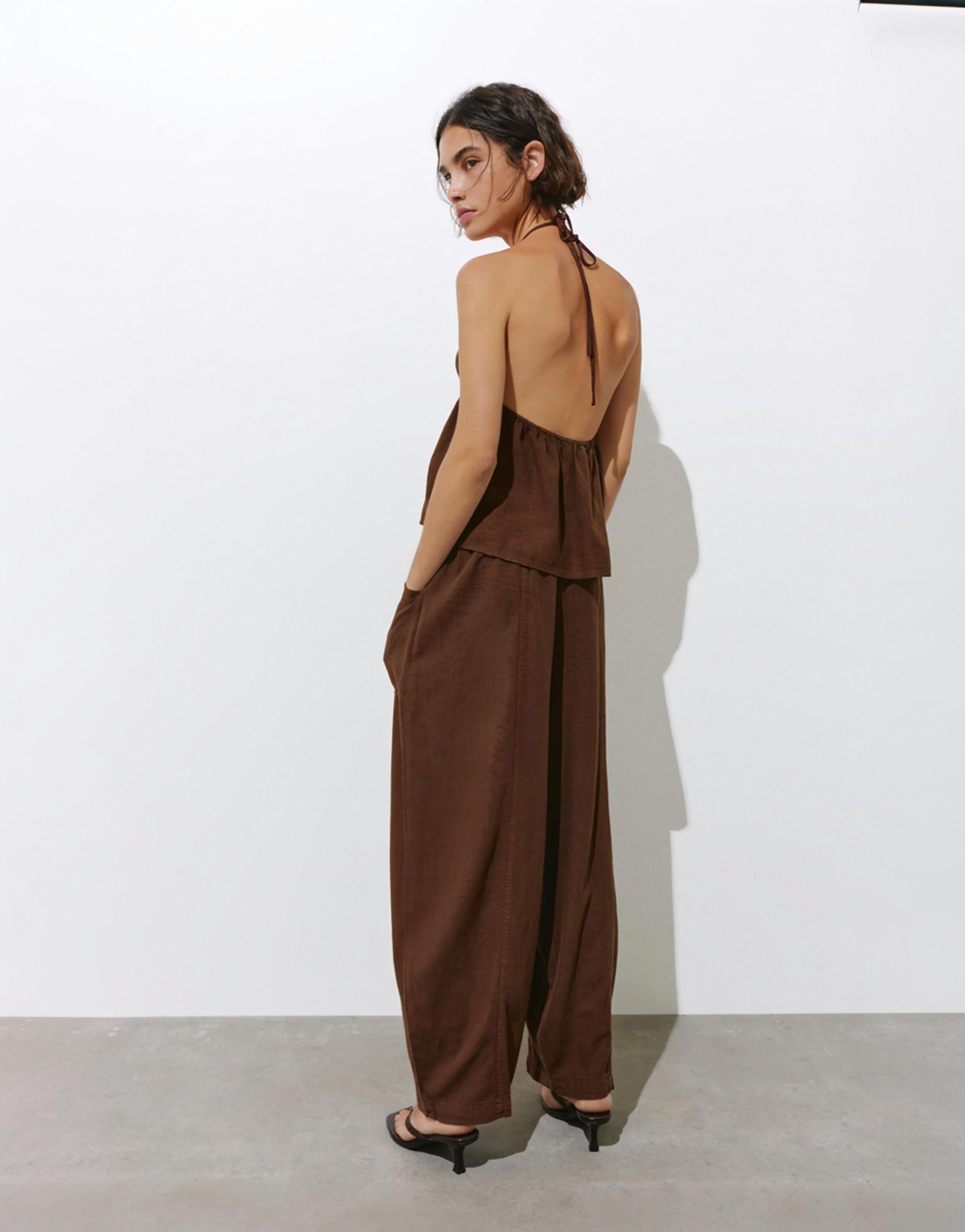 Linen blend barrel trousers — Chocolate