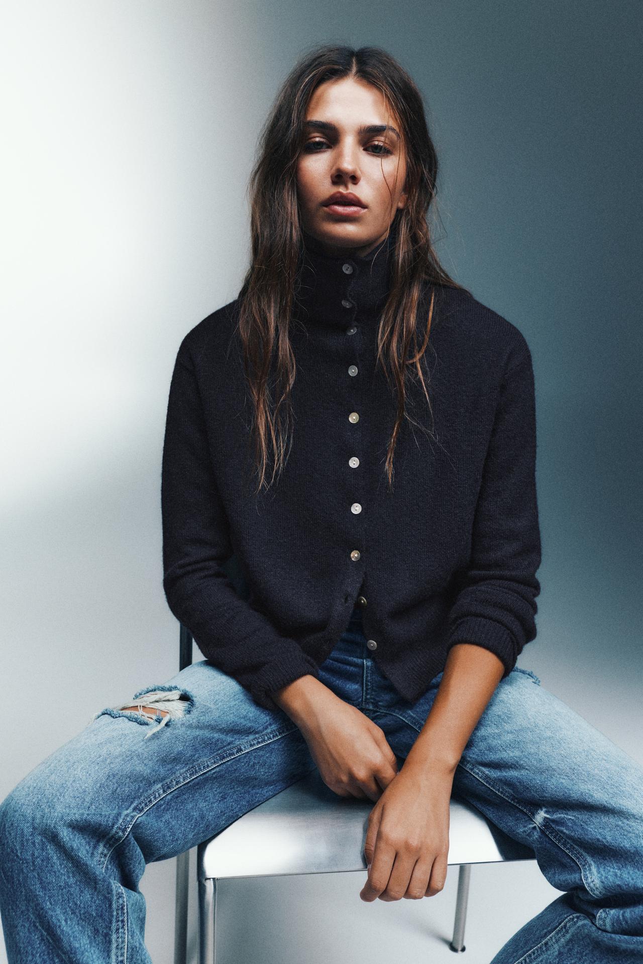High neck buttoned cardigan — Navy