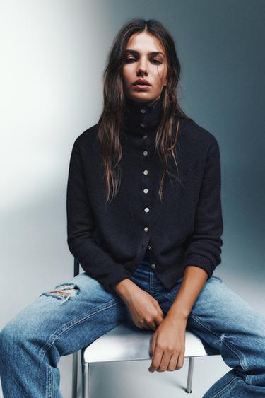 High neck buttoned cardigan — Navy 1
