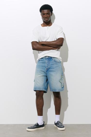 Relaxed fit denim Bermuda shorts with stars — Medium blue 2