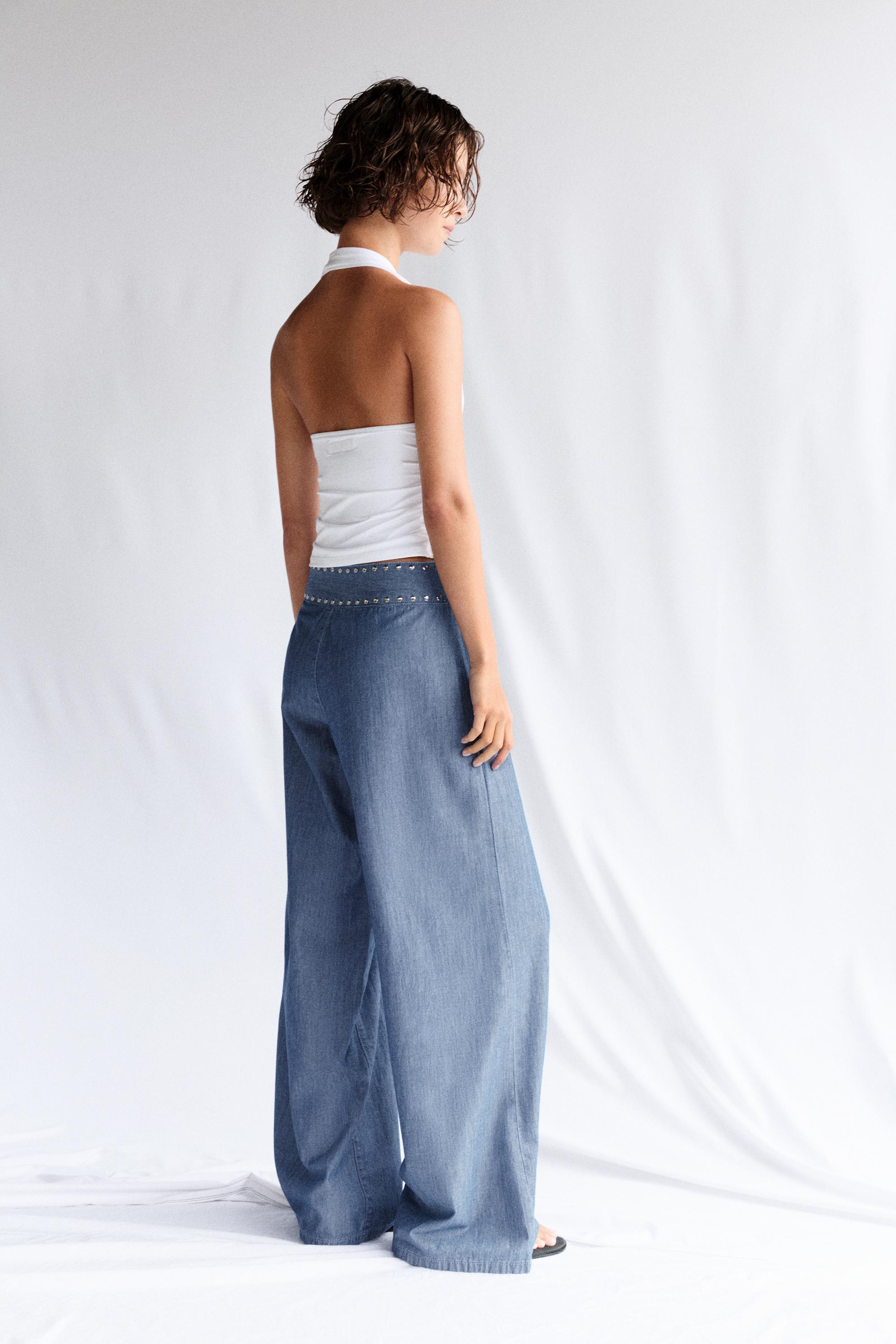 Wide-leg jeans with studs — Dark blue