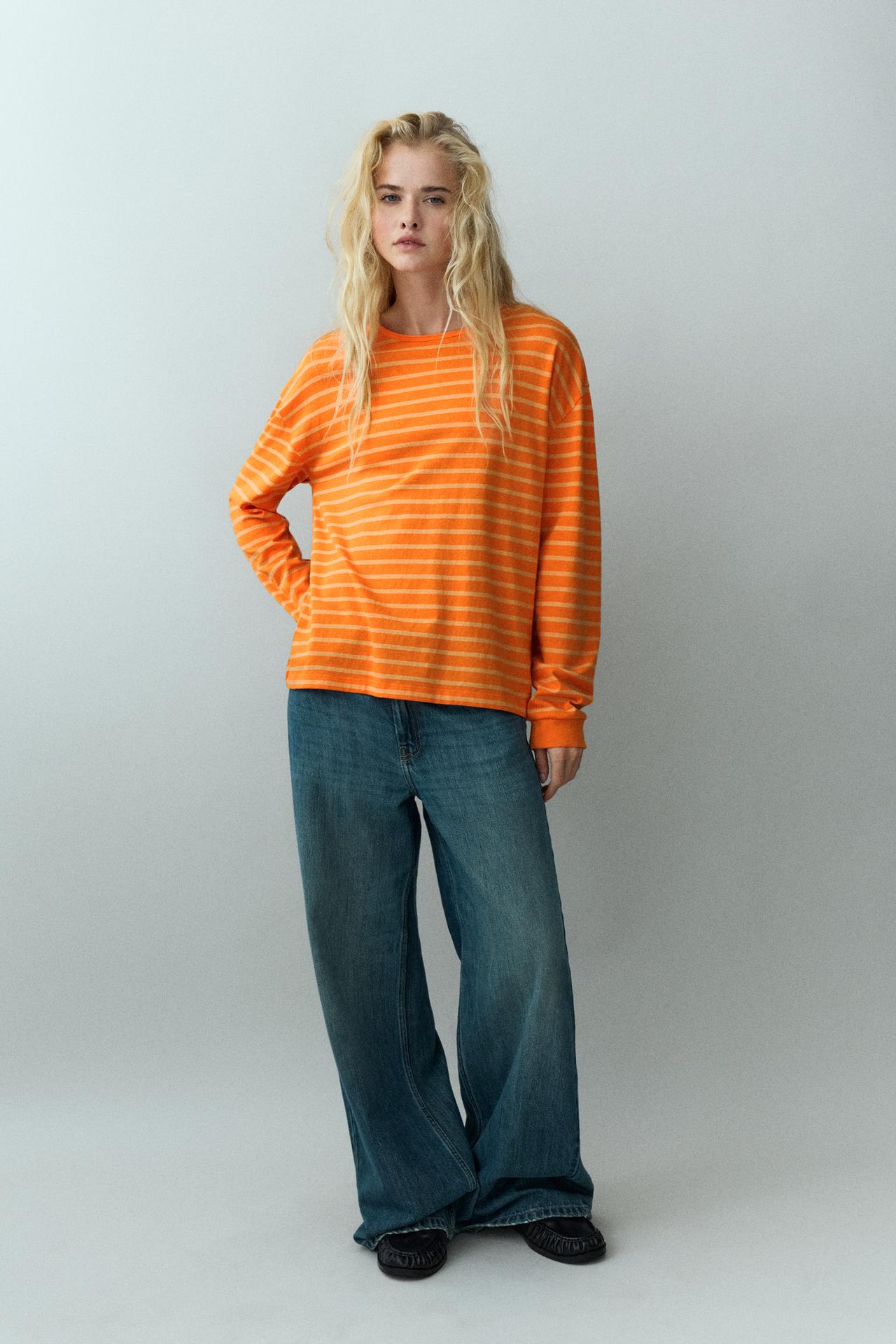 Oversize long sleeve striped T-shirt — Orange