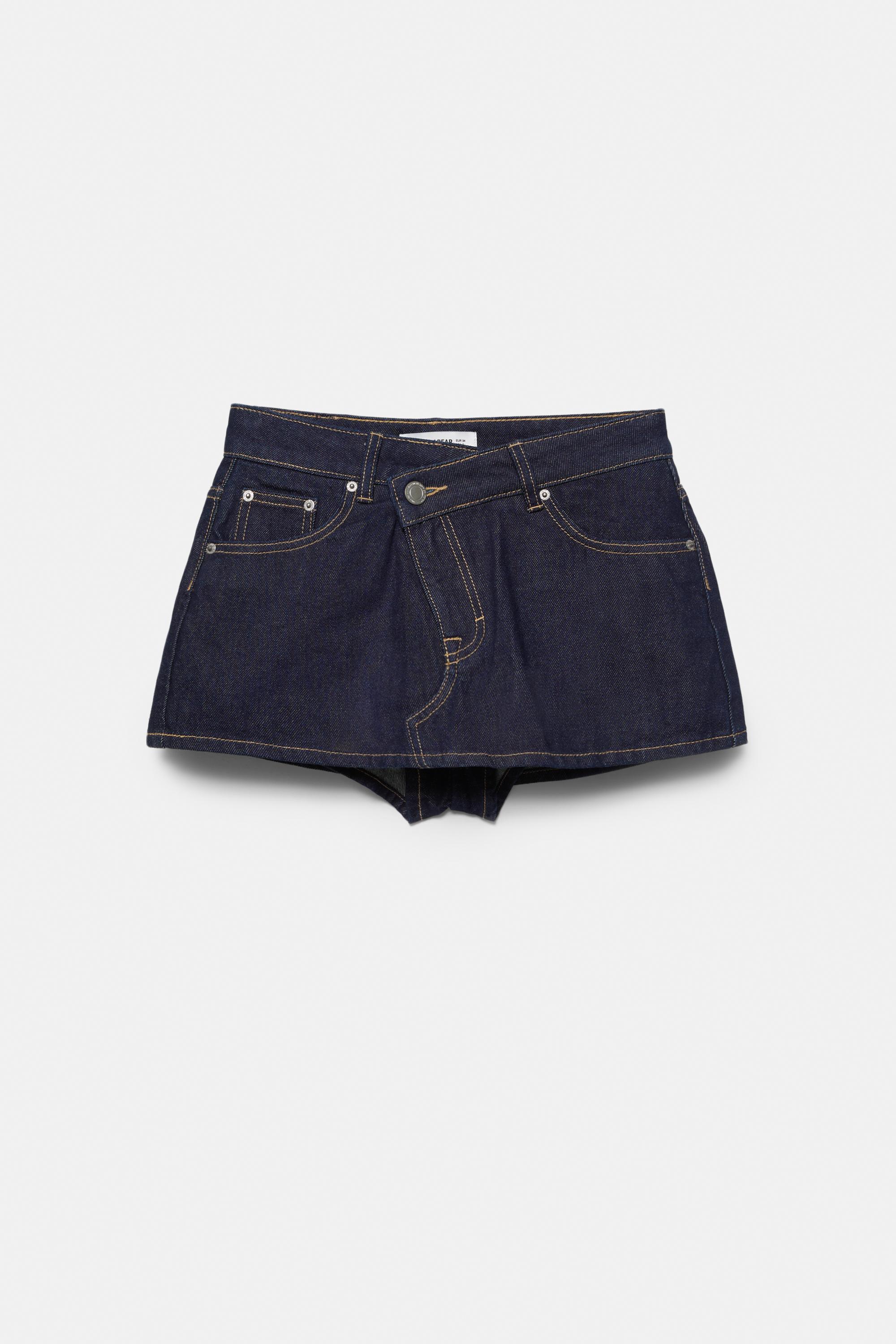 Cross-waist denim skort — Navy