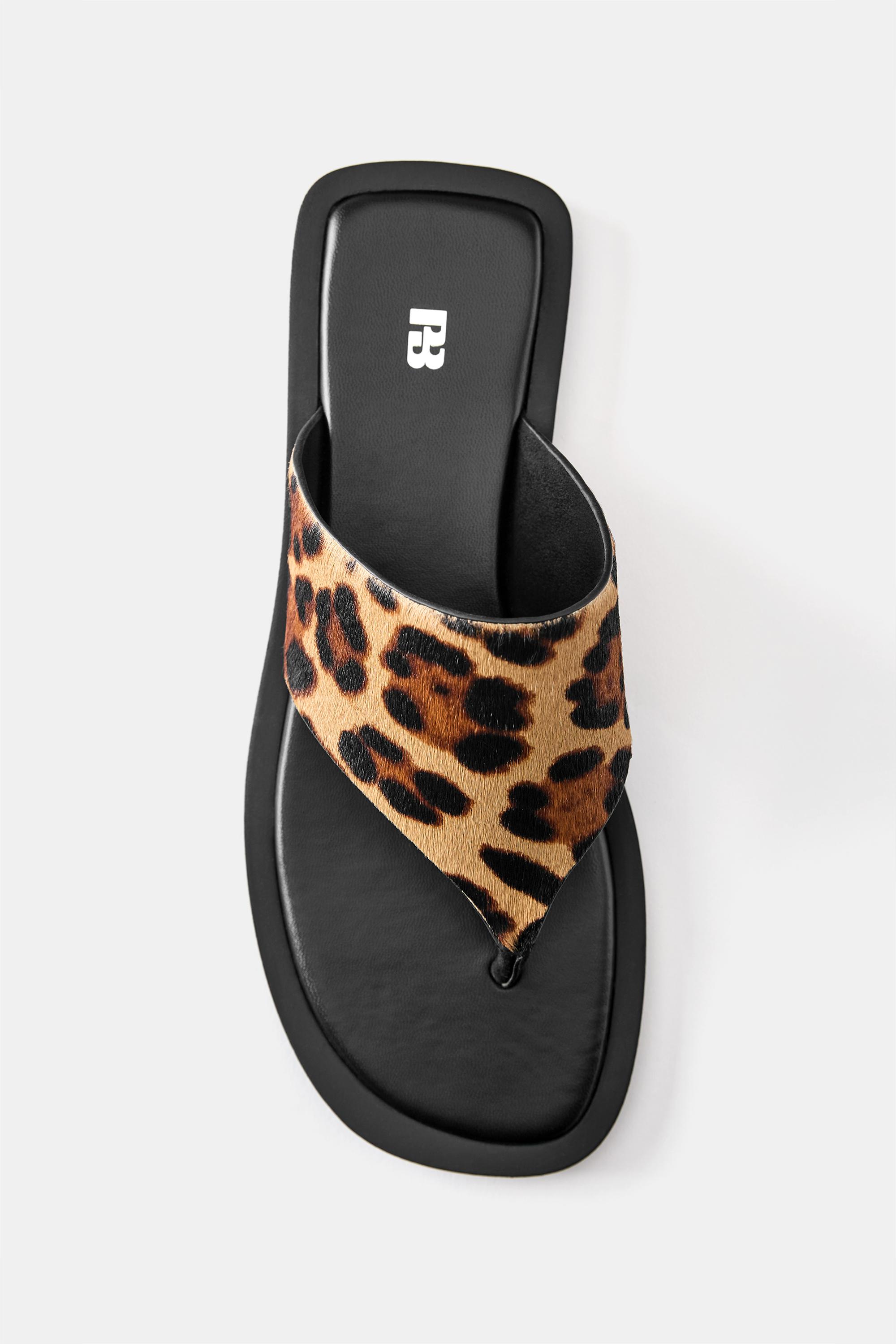 Leopard print leather flat slider sandals — Leopard