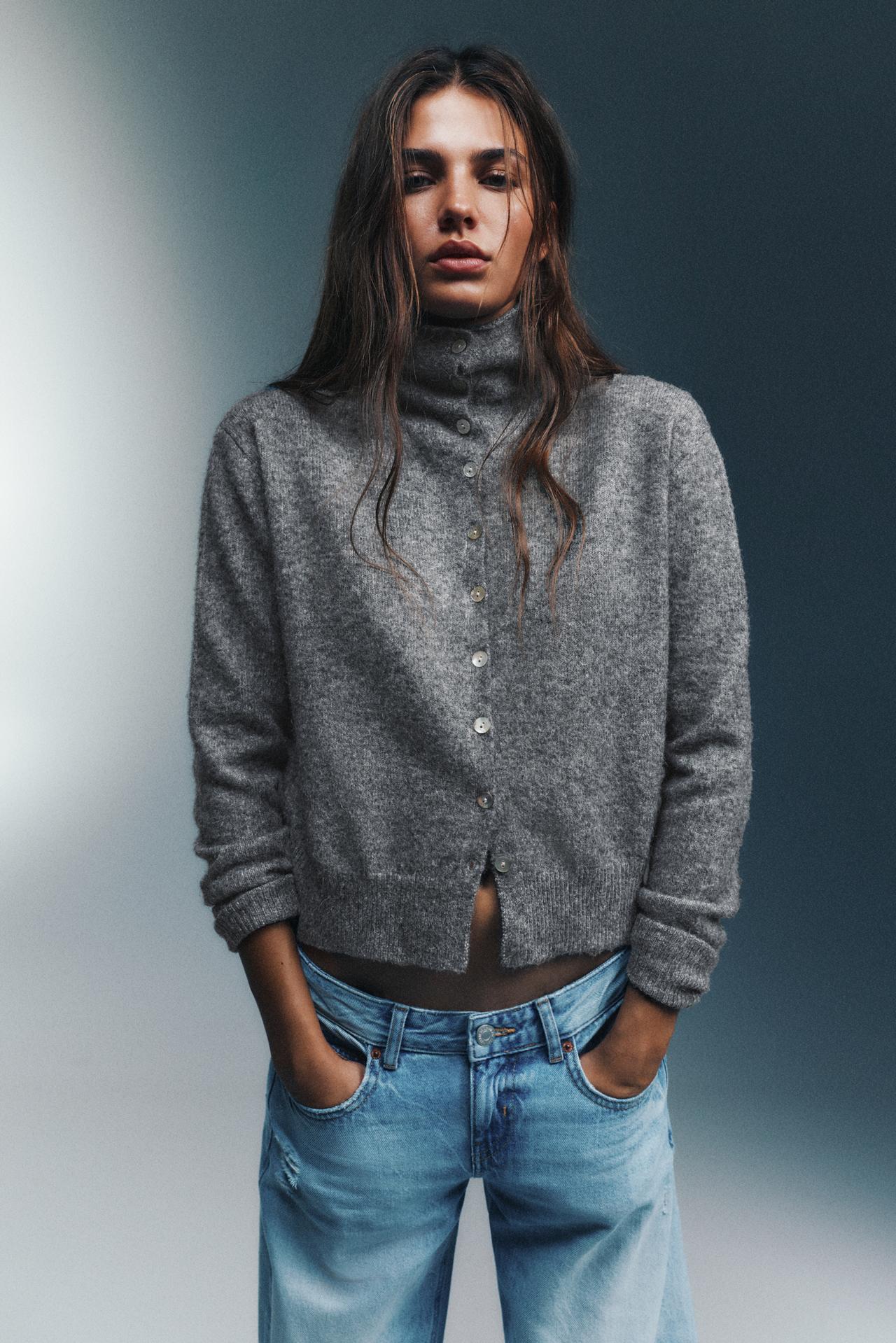 High neck buttoned cardigan — Grey marl