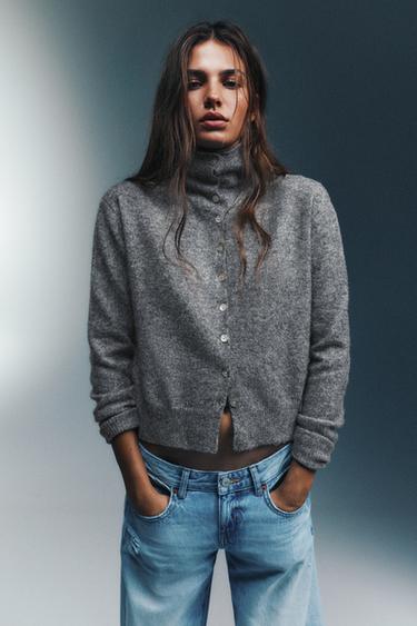 High neck buttoned cardigan — Grey marl 1