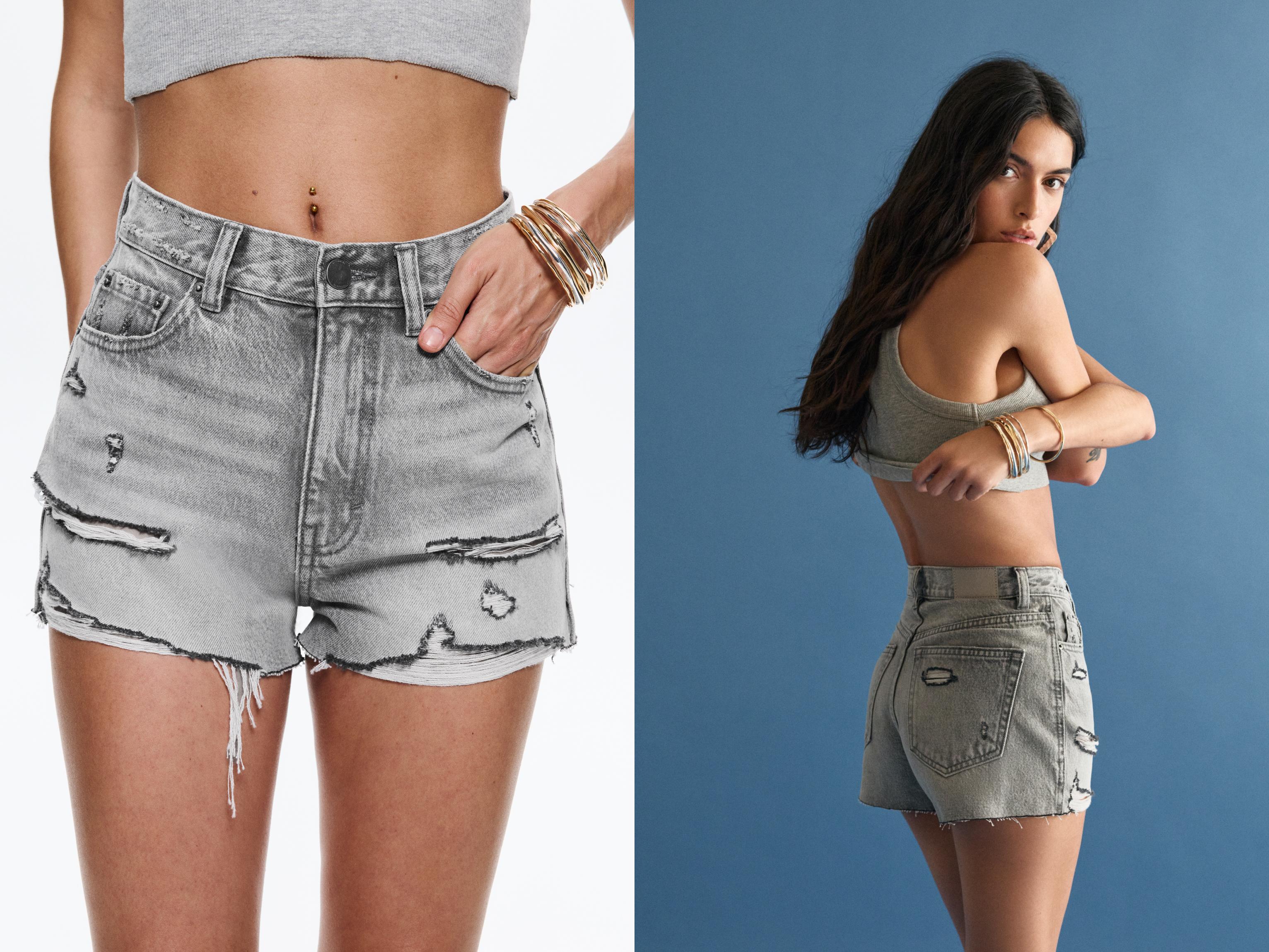 Denim shorts with frayed hems — Grey