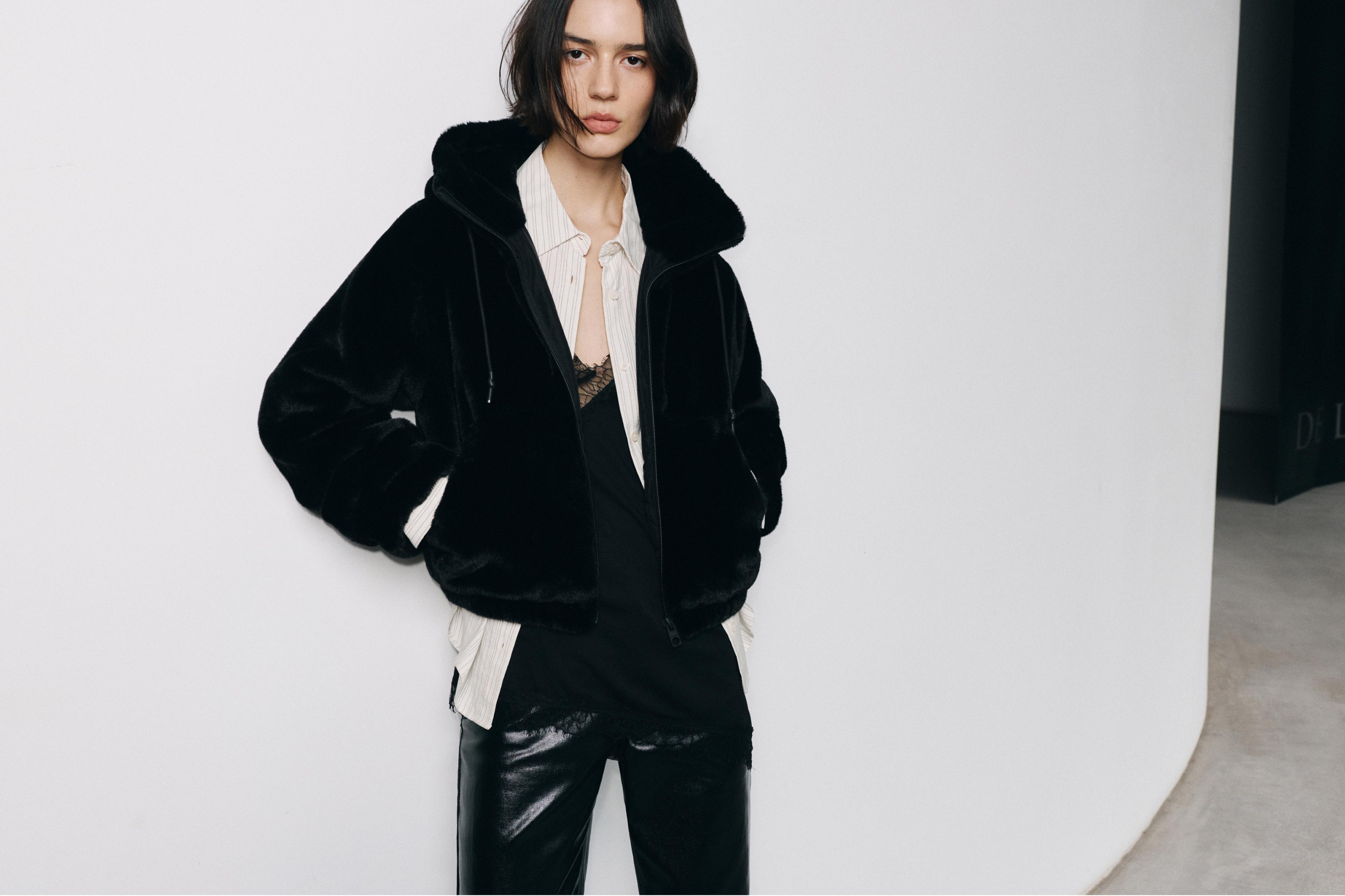 Faux fur hooded jacket — Black