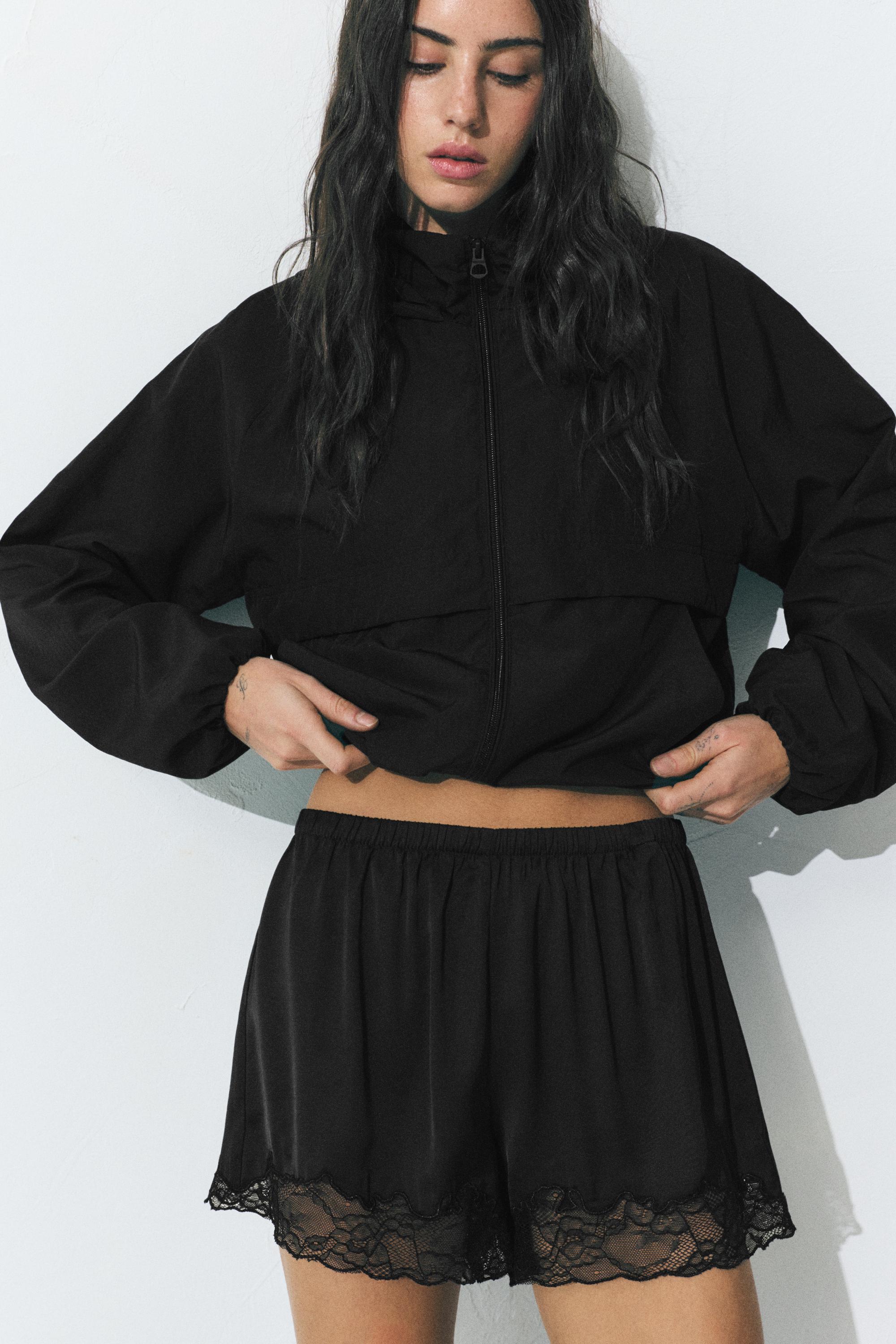 Satin lace cami shorts — Black