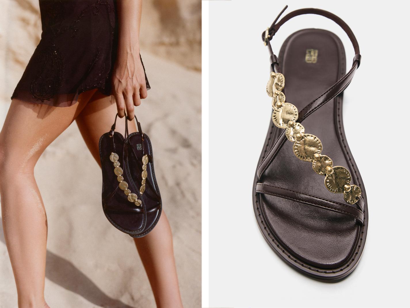 Flat beaded sandals — Brown