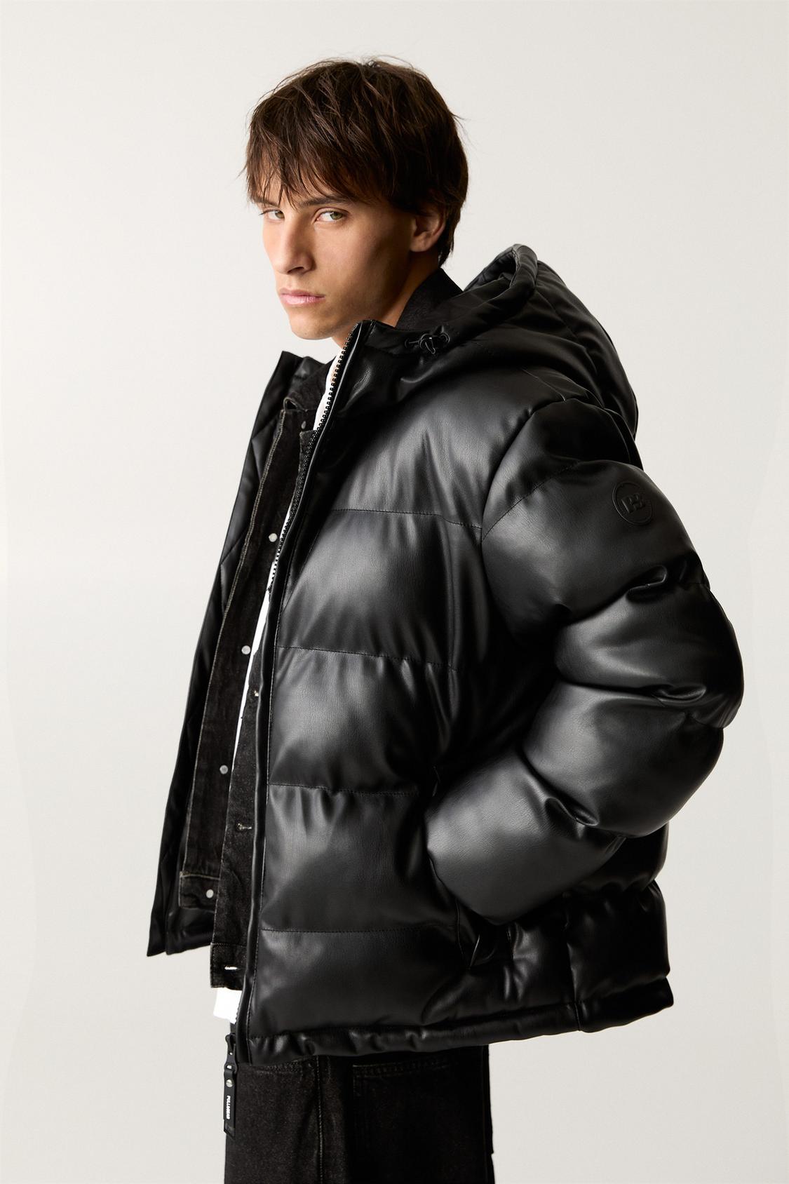 Faux Leather Pull And Bear Grüne Jacke Kapuze Wattierte Jacke