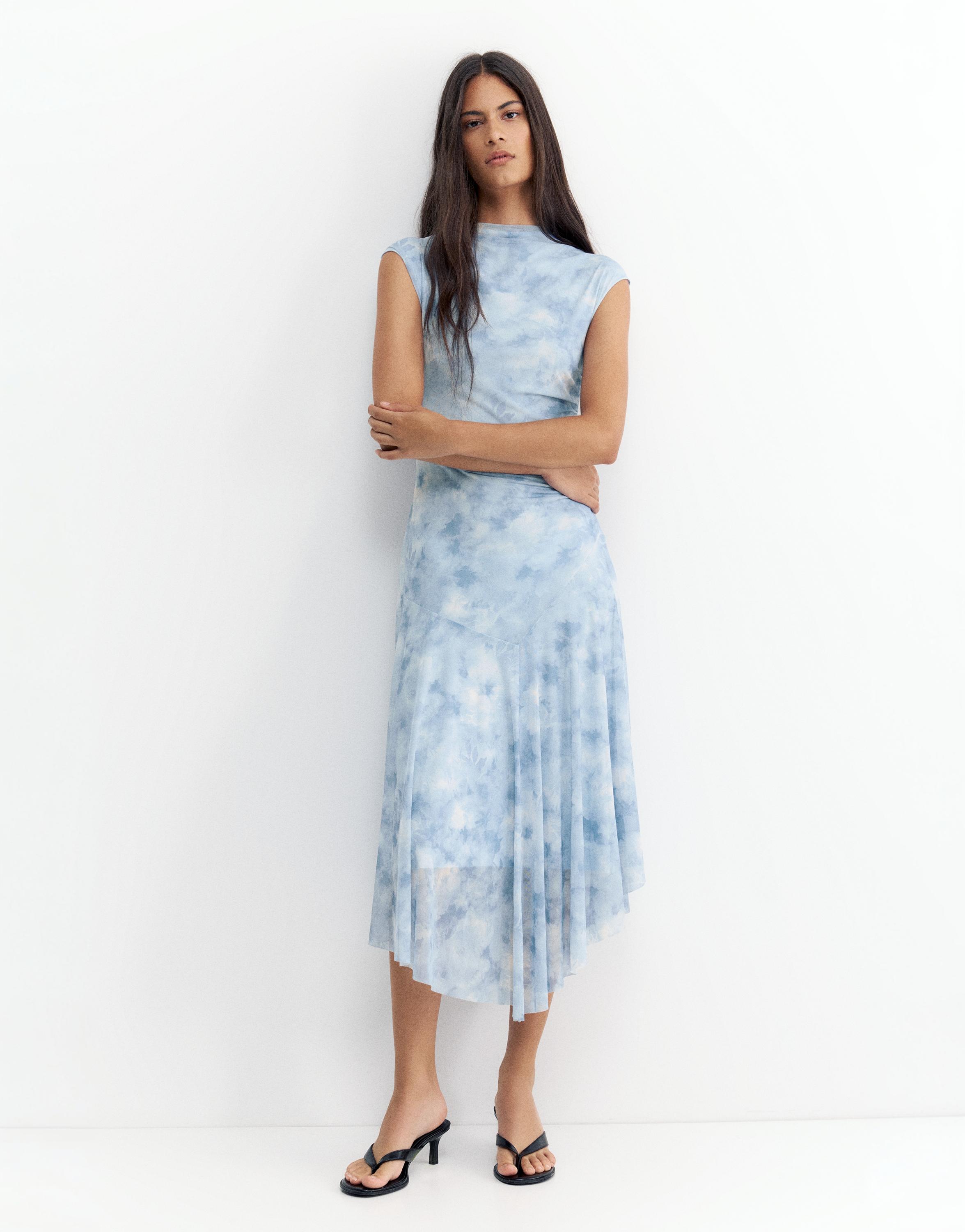 Asymmetric tulle midi dress — Pale blue
