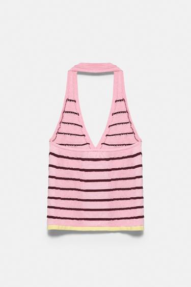 Striped knit halter top — Pink 6