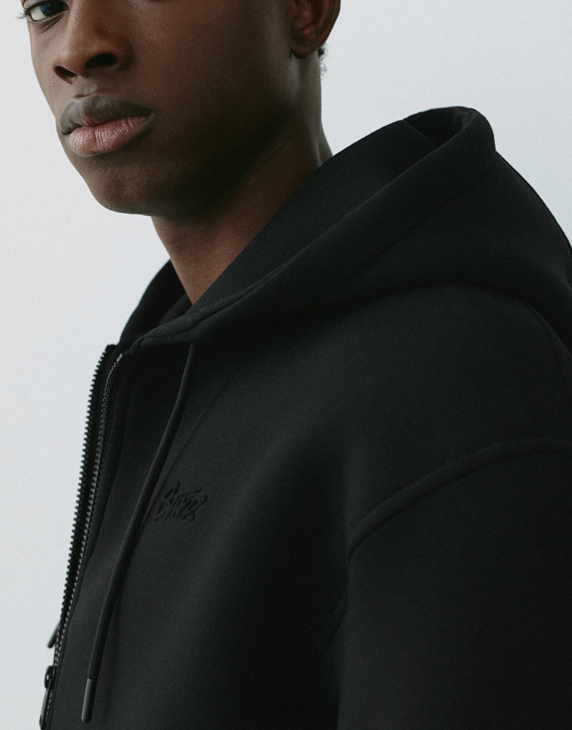 Neoprene-effect zip-up hoodie — Black
