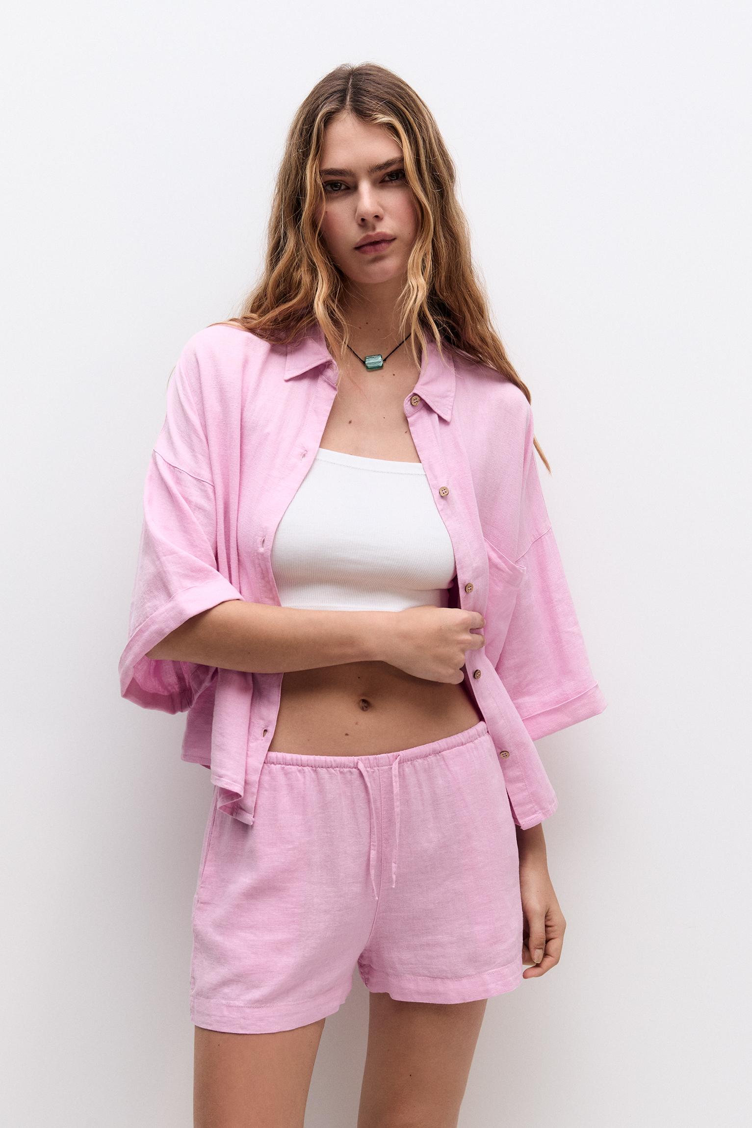 Pink linen shorts online