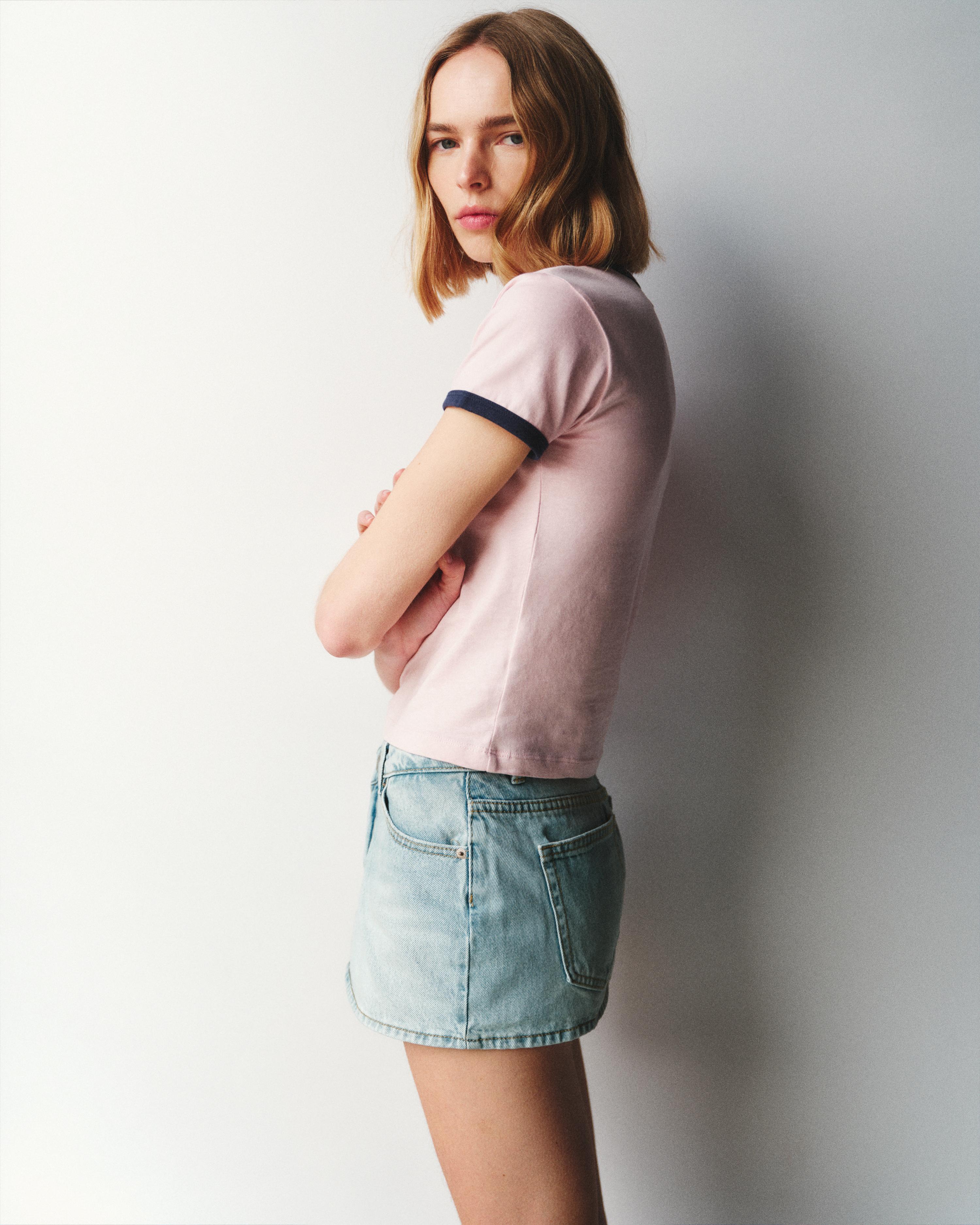 Cross-waist denim skort — Pale blue