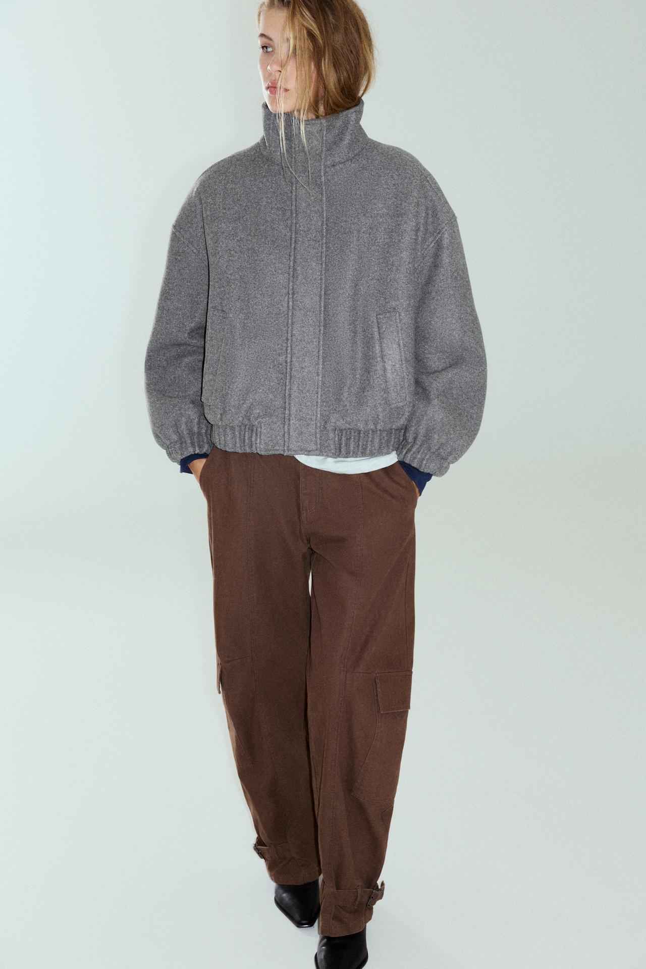 Cloth bomber jacket with a high neck — Grey marl