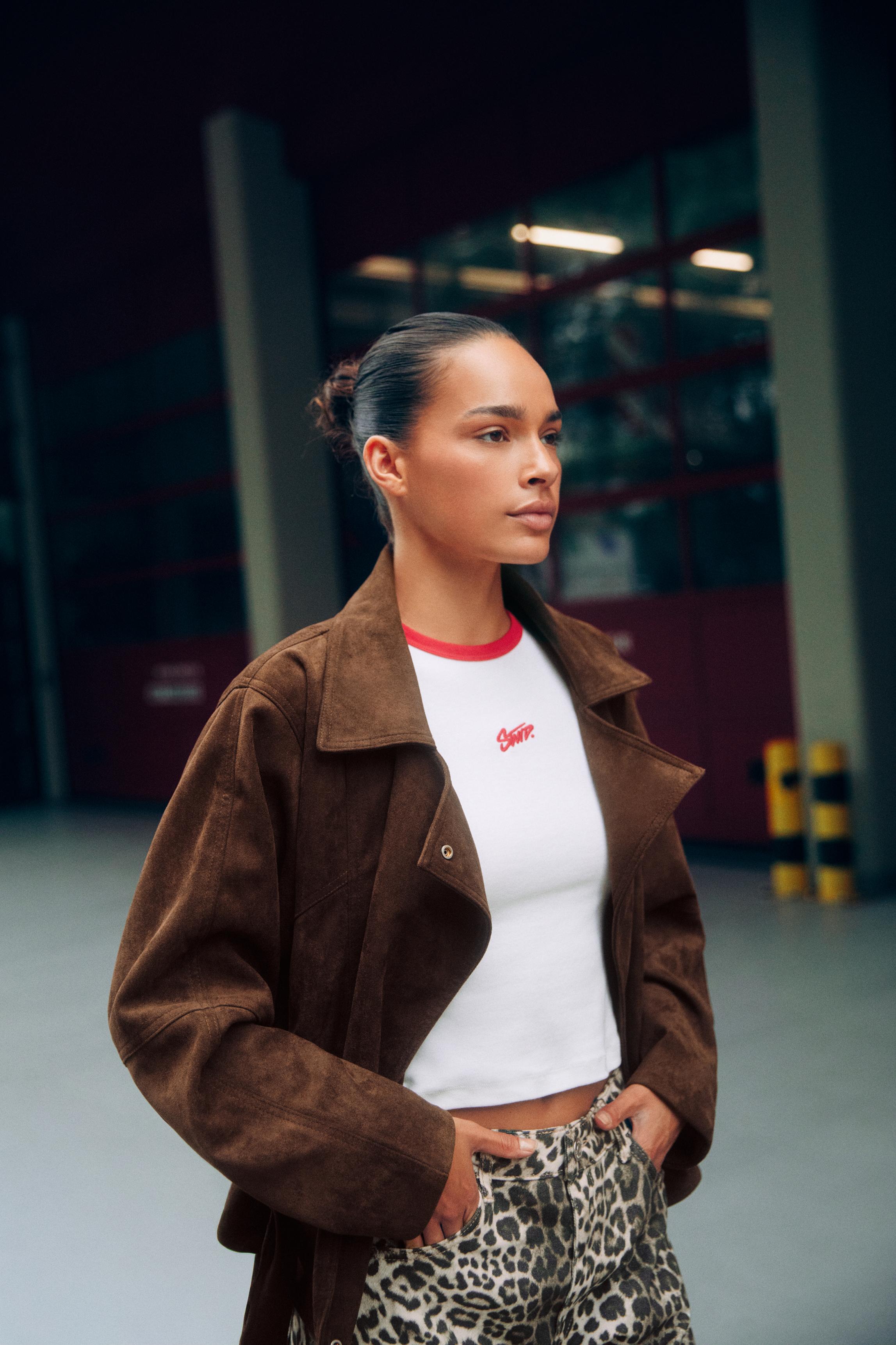 Faux suede short trench coat — Brown