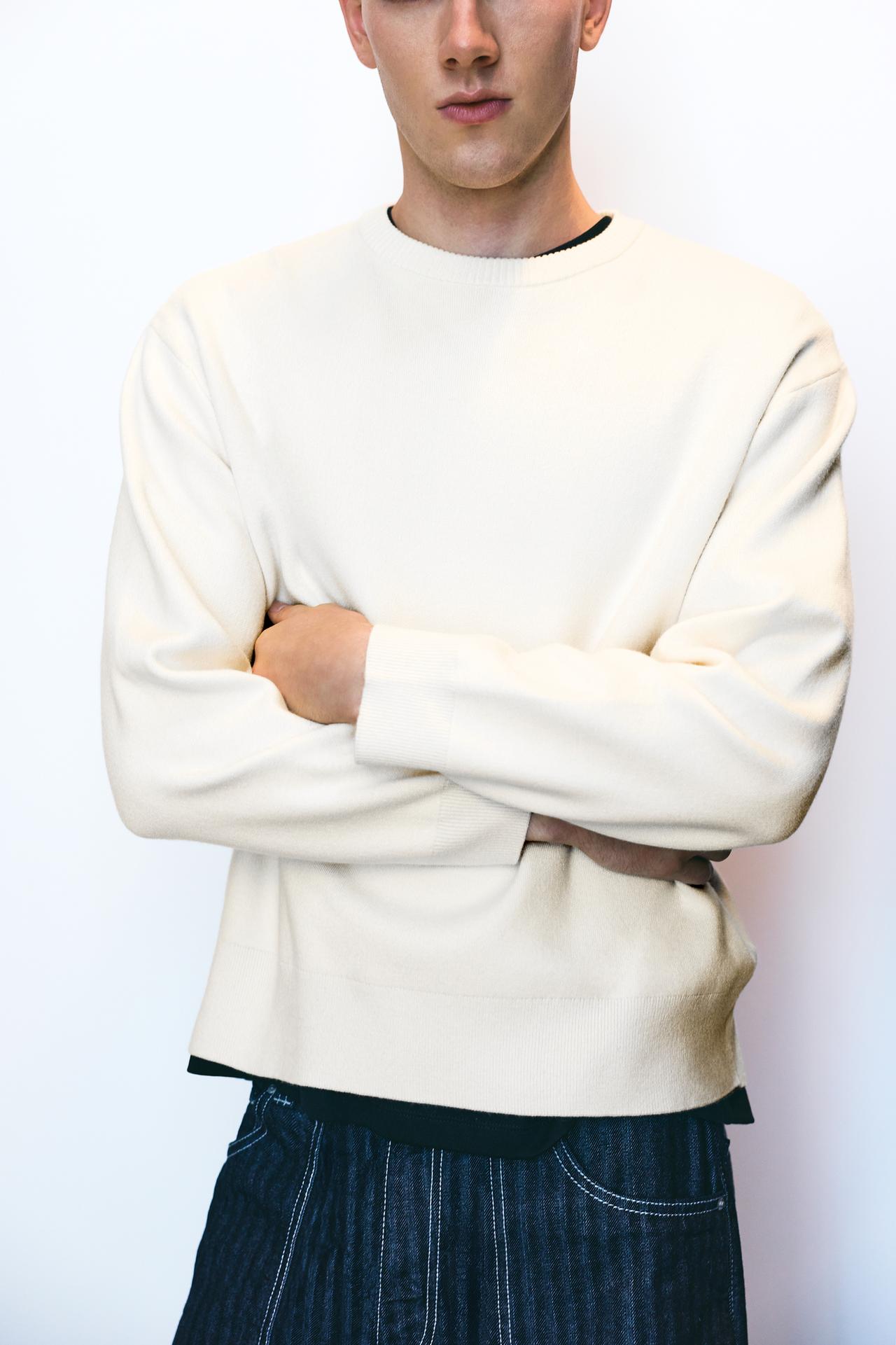 Soft-touch round neck jumper — Ecru/Beige