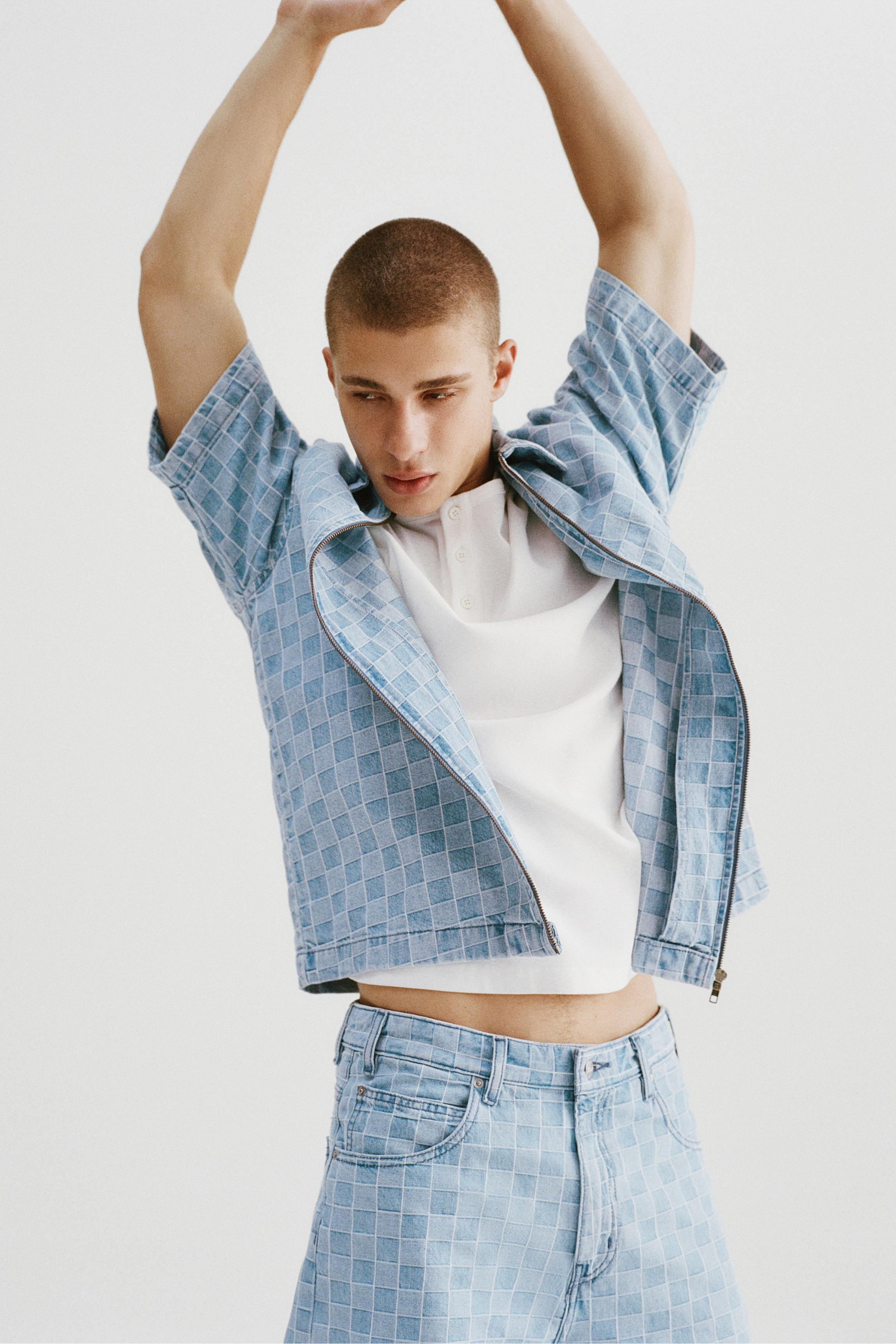 Check zip-up denim shirt — Medium blue