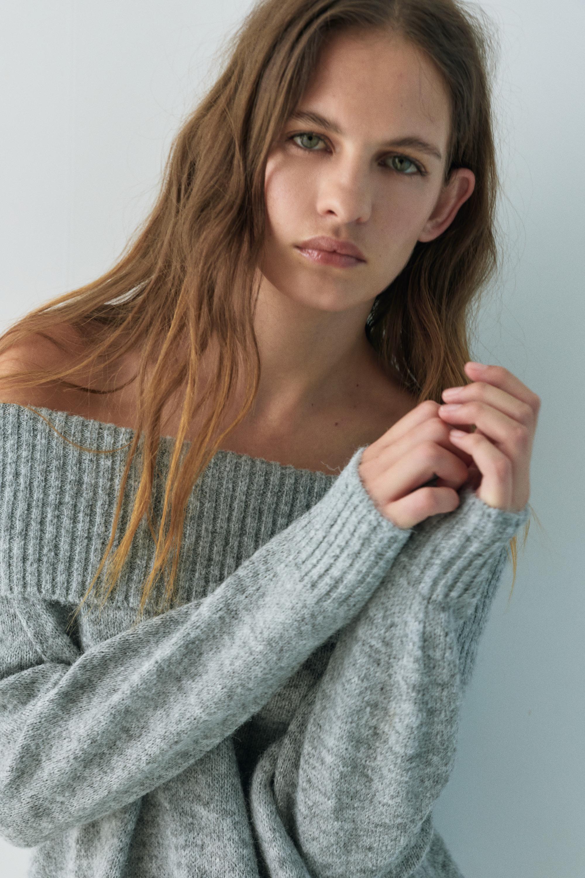 Bardot jumper with combined lace — Grey marl