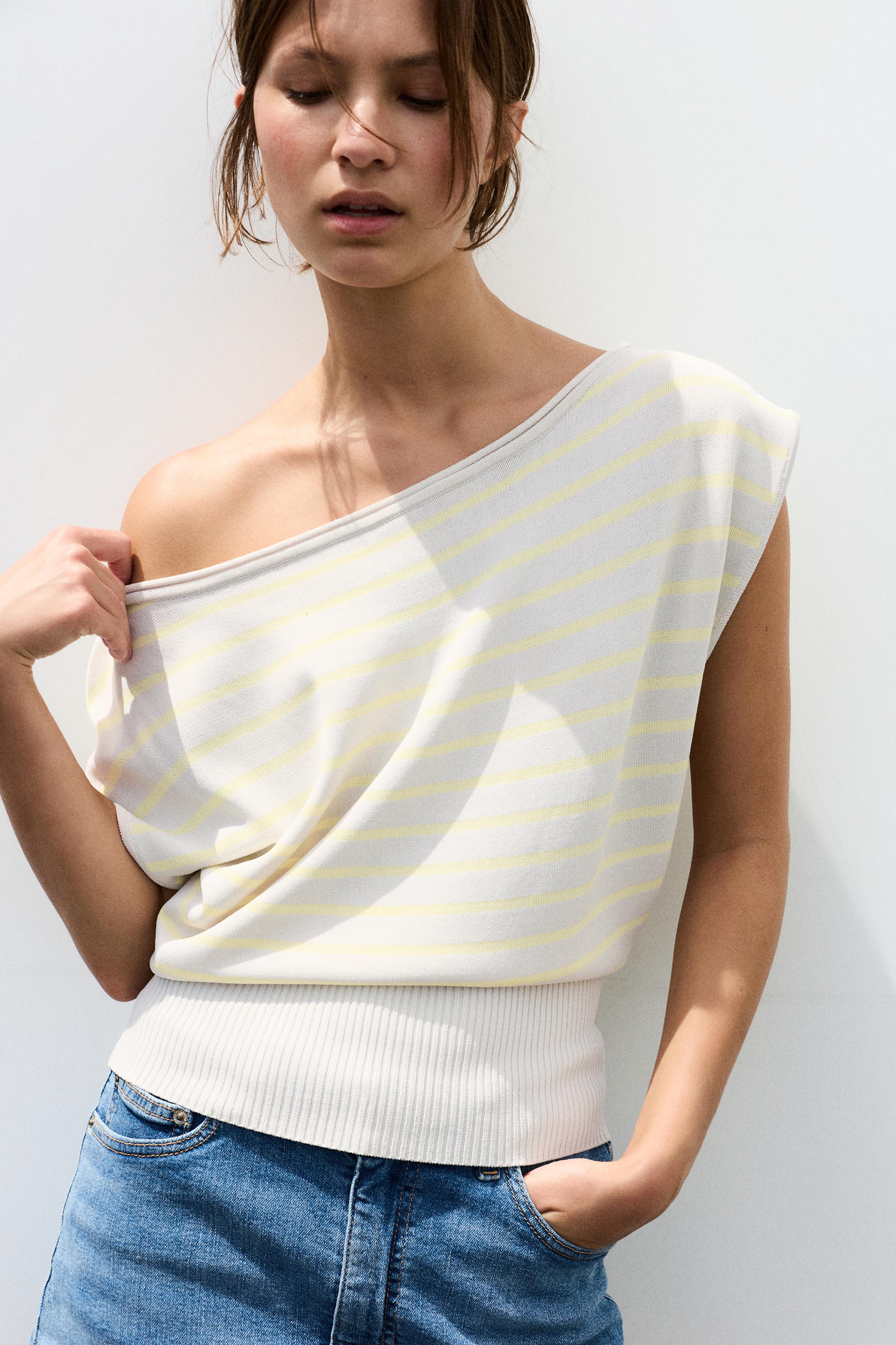 Short sleeve asymmetric knit top — Yellow