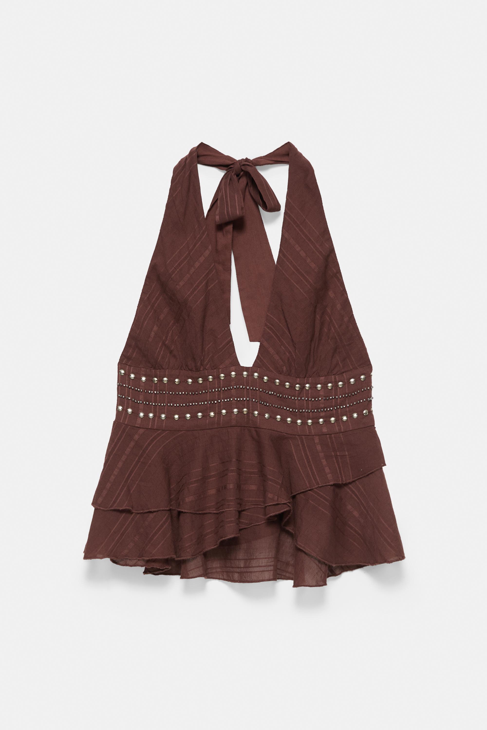 Halter top with ruffle studs — Brown