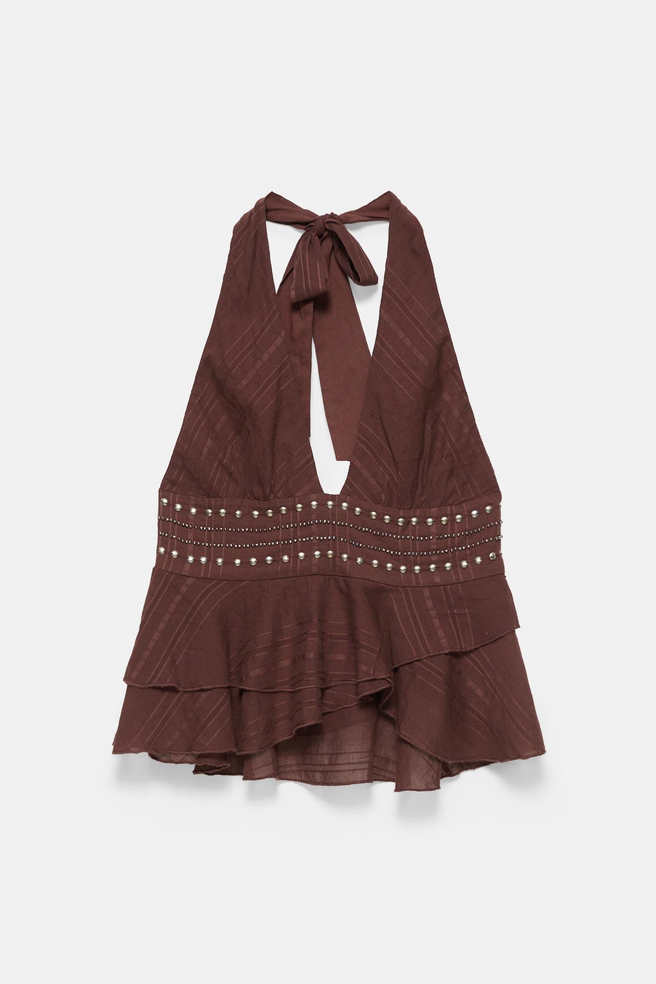 Halter top with ruffle studs — Brown