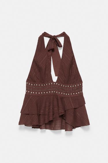 Halter top with ruffle studs — Brown 2