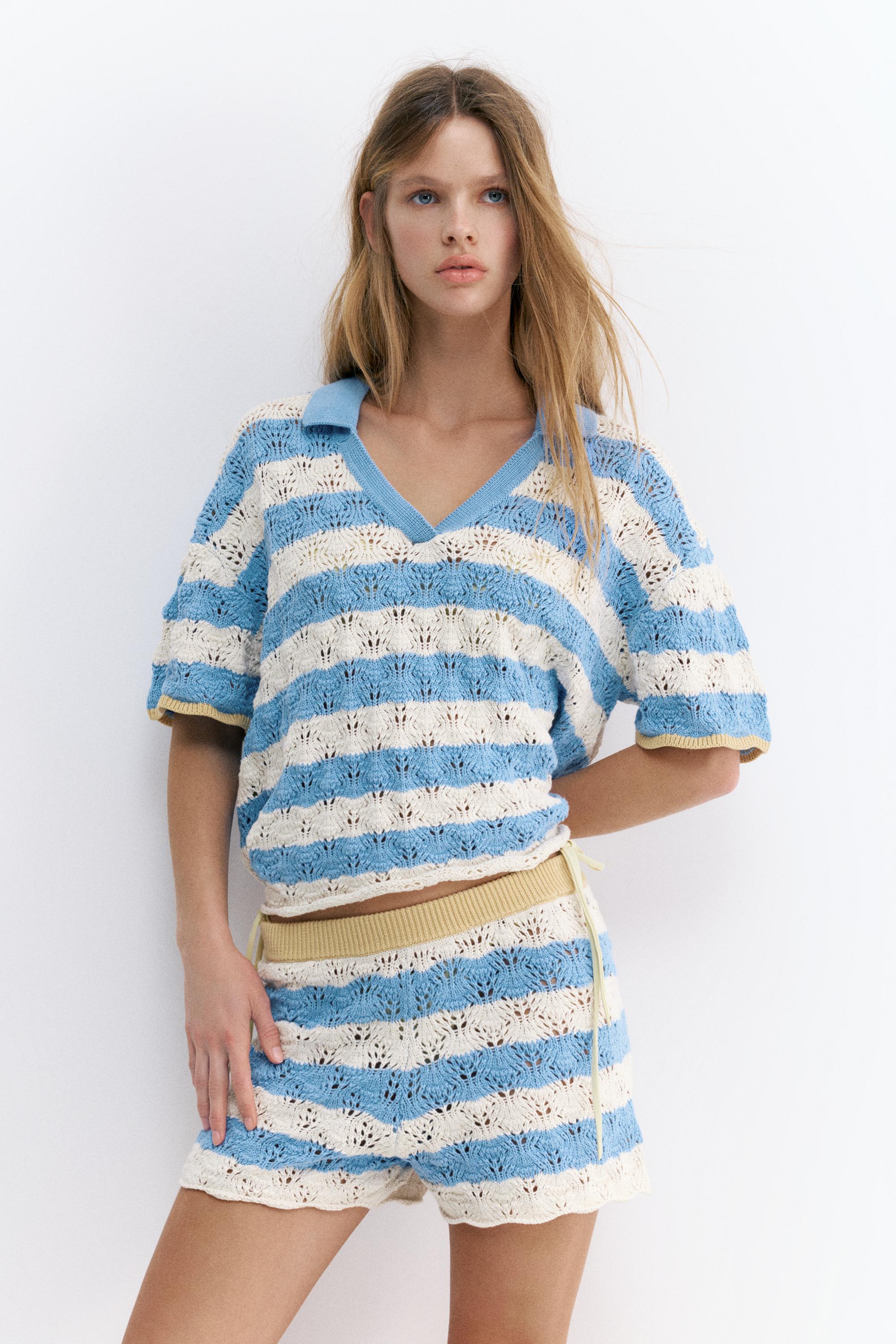 Kroşe çizgili polo tişört - Görsel 11